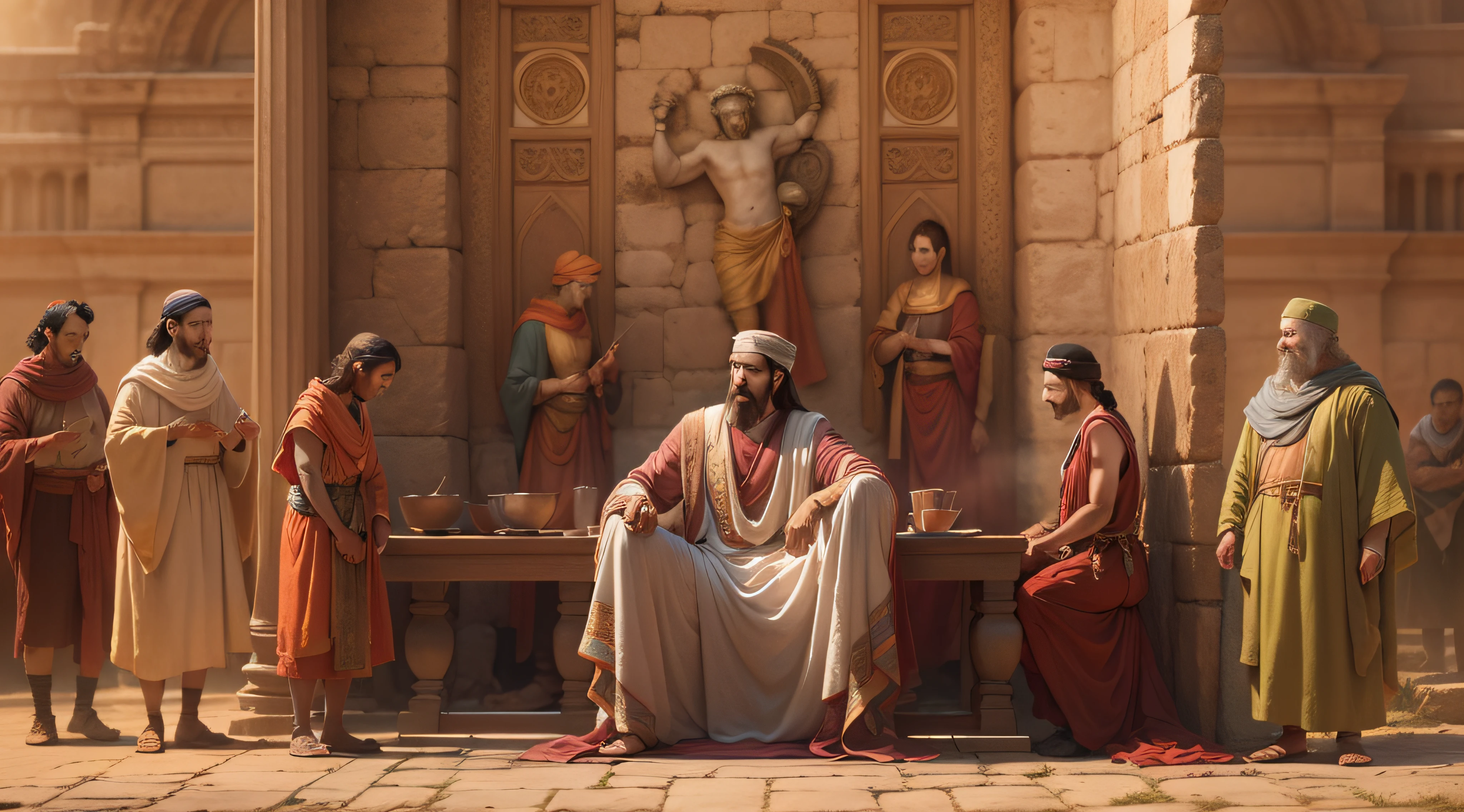 "A high-quality 4k image portraying a benevolent wealthy individual offering assistance to others within the captivating atmosphere of ancient biblical settings."