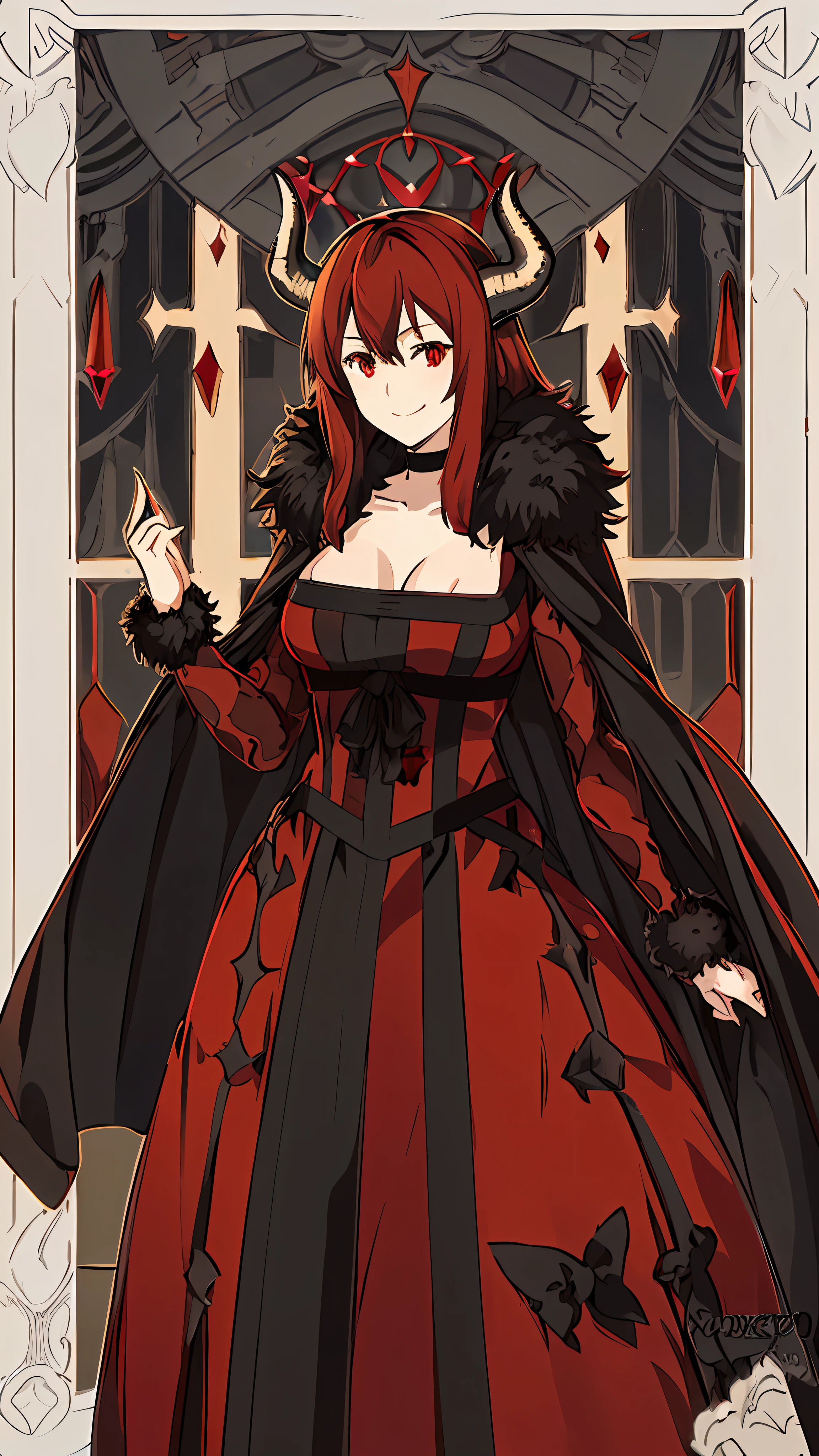 1girl, maoyu, horns, choker, fur trim, black cape, long red dress, floating_hair, glowing eyes, red eyes, ruby eyes, solo, looking at viewer, smile, fantasy style, (((masterpiece))), (very detailed light), (high detailed illustration)