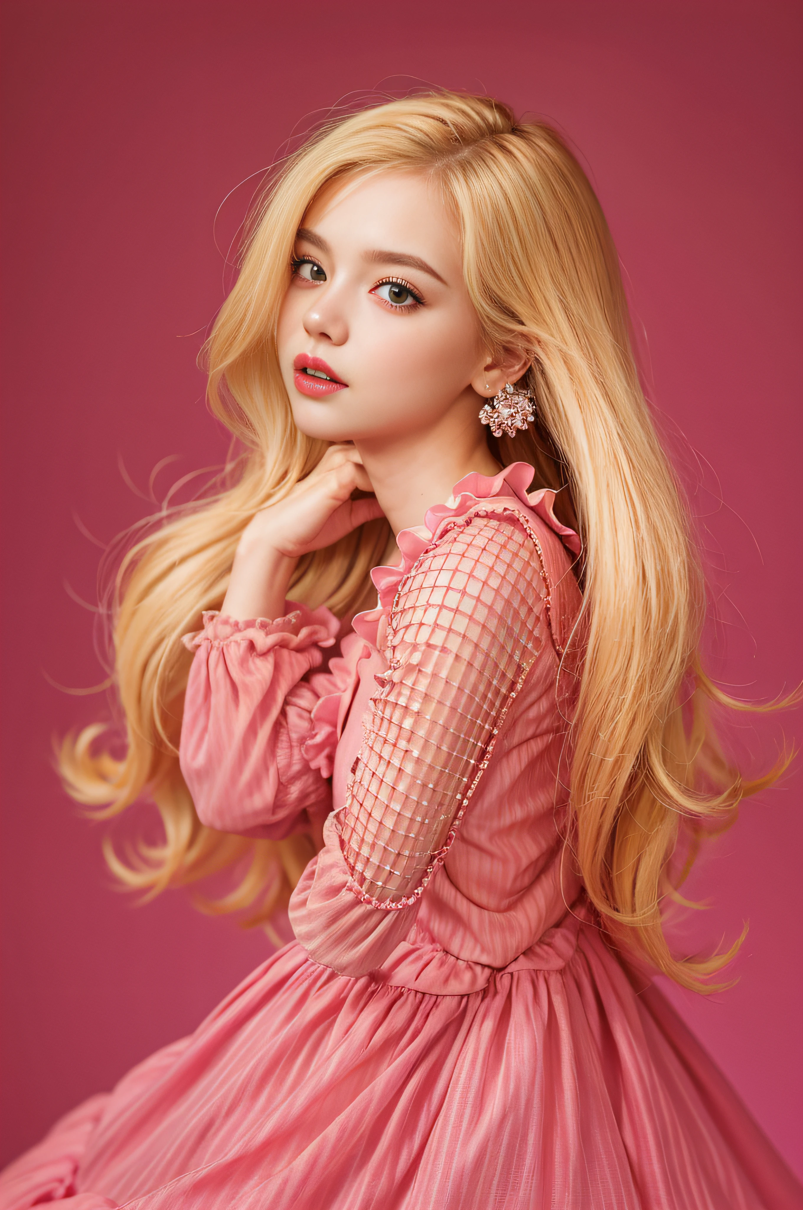 Long blonde girl, Wear a pink dress, Dark pink background