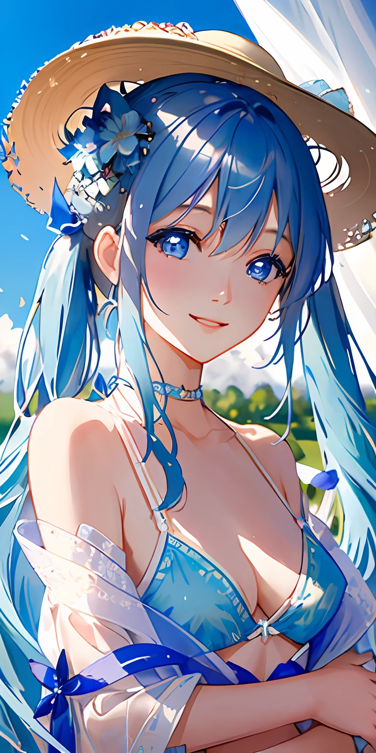 (masterpiece)、((top-quality))、(ultra-detailliert)、((extremely delicate and beautiful))、(((incredibly absurdness)))、((perfect bodies)))、1girl in、独奏、Light blue hair、blue eyess、{{{maternal}}}、medium chest、long hair with twin tails、a smile、Blue Bikini、Mare+Background with、Sun flower、a straw fedora hat、dynamic ungle、female focus on、{Particles of light}、细致Background with、((By Paul Hedley)))、Soft lighting、starrysky、full bodyesbian、