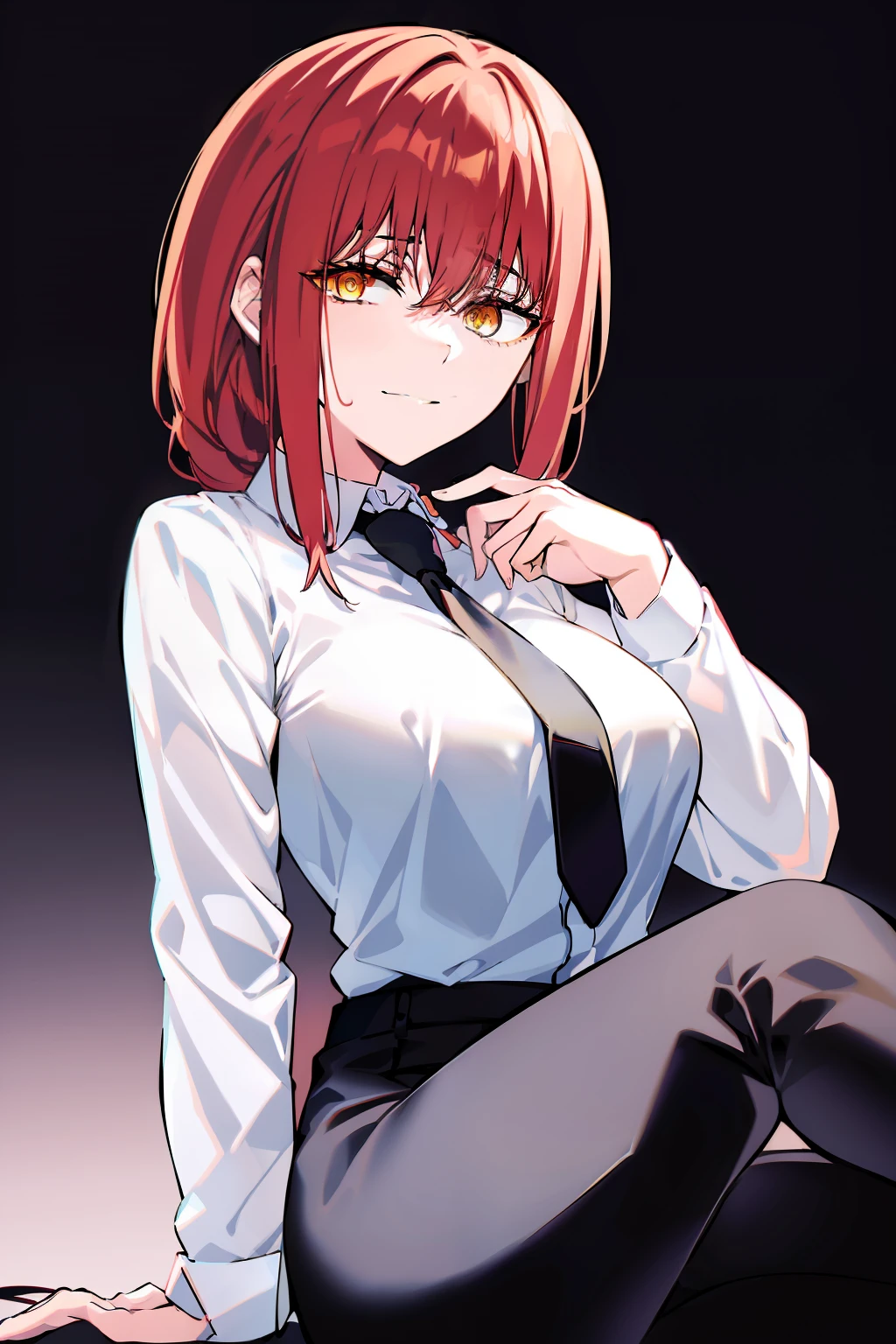 makima\(chainsaw man\), long sleeves, red hair, solo, looking at viewer, black pants, crossed legs, yellow eyes, 1girl, white shirt, medium breasts, ringed eyes, shirt, lips, simple background, cleavage, black background, collared shirt, sitting