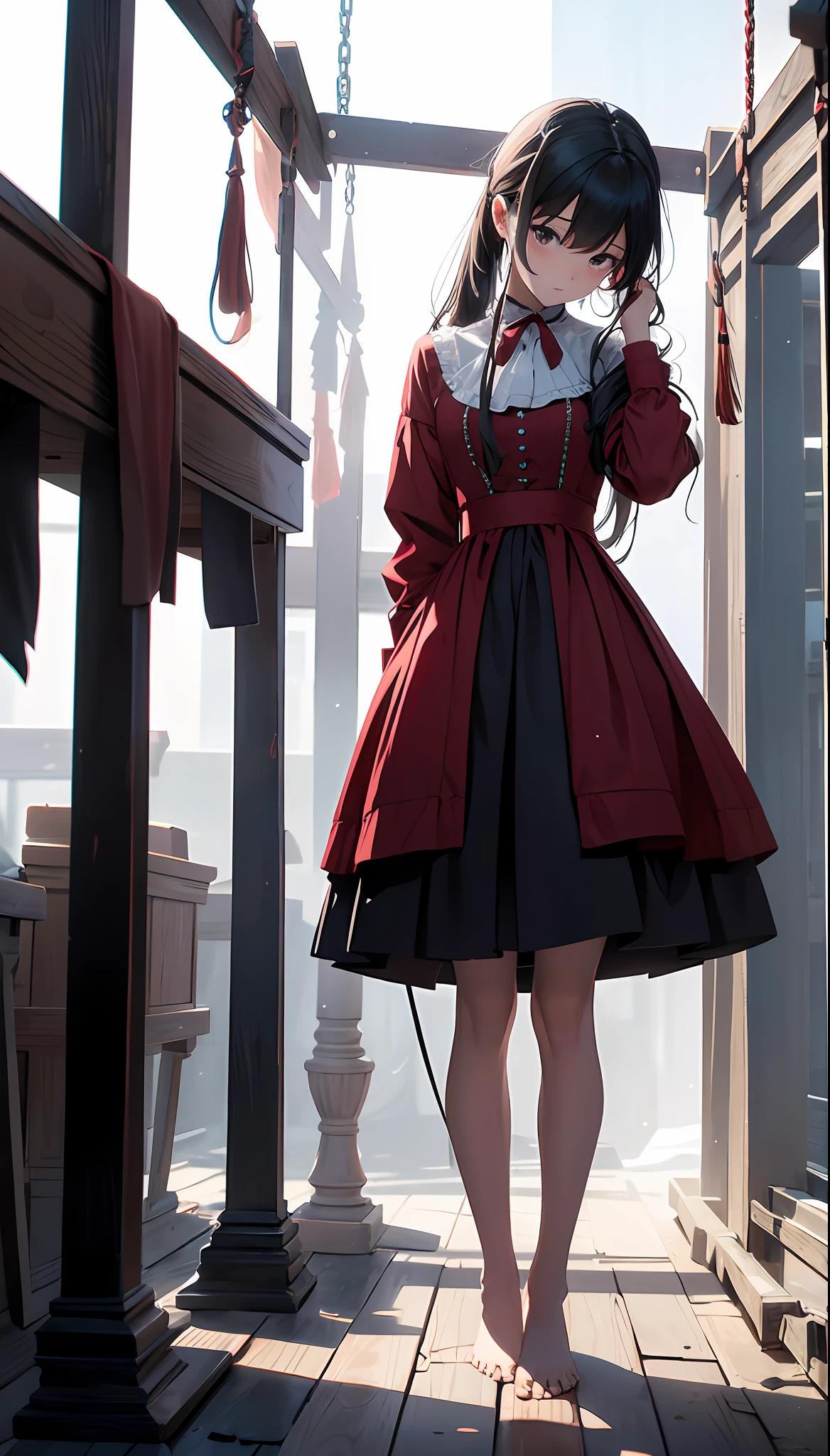 best qualityer,tmasterpiece,Ultimate resolution,downy,Extremely colorful,Woman in red under the gallows,Lifted,Noose around the neck,Red belly pocket,convict,Open air square,gallows,execute,The barefoot,Keep your feet off the ground,Correct posture