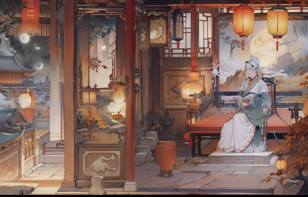 Ancient Chinese landscapes，Ancient buildings，Pavilions，Carved beams and paintings，enchanting scenery，Night，Moon light，Layered, Rich light and shadow,Mid-Autumn Festival, Ink painting style，clean color，Low-saturation colors，Colors of low brightness，Decisive cut，Leave white space，impressionistic，tmasterpiece，ultra - detailed，Epic composition,  HighestQuali，hyper realisitc，Art germ --v 6