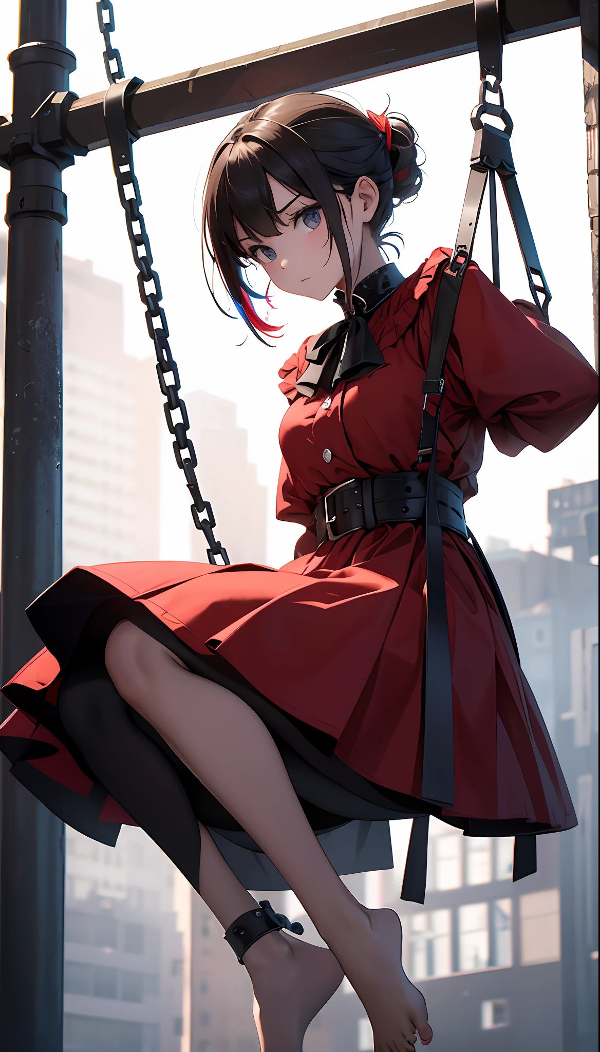 best qualityer,tmasterpiece,Ultimate resolution,downy,Extremely colorful,Woman in red under the gallows,Lifted,Noose around the neck,Red belly pocket,convict,Open air square,gallows,execute,The barefoot,Keep your feet off the ground,Correct posture