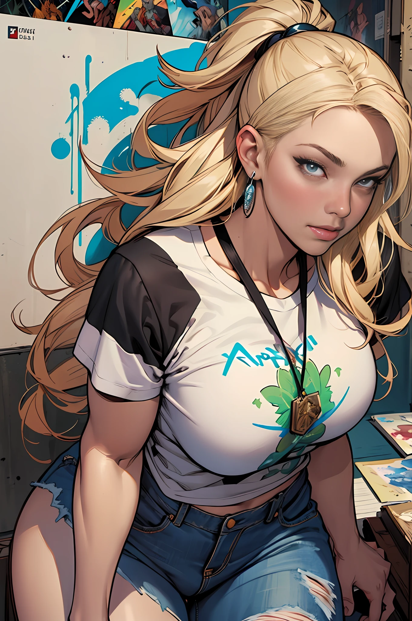 raw photo, ::comix style by marc silvestri:: beautiful woman ashley alexiss european perfect and detailed, style ::2.0 comix illustration style,tatoon style , man model ultra detailed, (beautiful and clear background:1.2),, fantastic paintings ,graffit style, olhos altamente detalhados , a white t-shirt or tatoon stamp , blond hair, masterpiece, best quality, high quality, highres, detail enhancement, ((most beautiful image in the world)), masterpiece, best quality, high quality, highres, detail enhancement, ((most beautiful image )),with short, shiny black hair, wearing a large round-neck t-shirt, wearing jeans, five legs, like yellow sneakers, emphasizing the integrity of the human body, emphasis on the correct 5 fingers on each hand and the correct shadow, , bright image, art by stanley artgerm lau, art by kenneth rocafort, art by genzoman, art by joe madureira, art by blushyspicy, art by stjepan sejic, art by j scott campbell, art by guillem march, art by citemer liu, 4k, high resolution, comic book, comic book character, comic, high quality