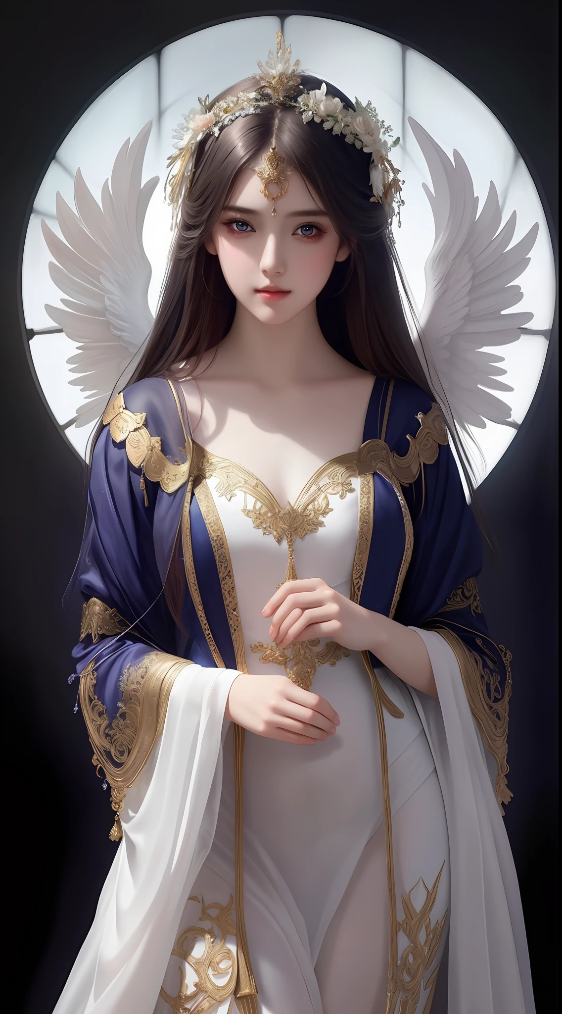 the perfect human model cute angelic girl posing, accurate details, detailed face, fantasy indigo clothes, dramatic, intricate, elegant, highly detailed, digital painting, artstation, concept art, smooth, sharp focus, illustration, art by gustave dore, octane render, 4k