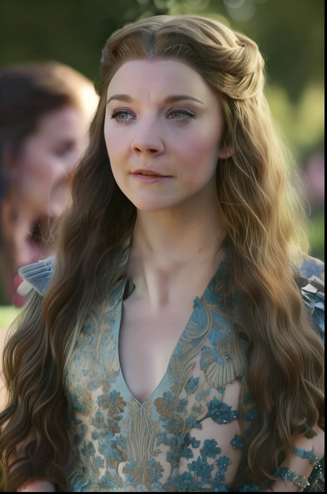 a woman with long hair and a blue dress standing in a field, Natalie Dormer, Estilo de Game of Thrones, Natalie Dormer as Venus, Chance, Tyrell, Filme ainda de Game of Thrones, Estilo Game of Thrones, & her expression is solemn, Tiro de Game of Thrones, atriz de holywood, Dia de Corinne, A Guerra dos Tronos, Cabelos castanhos, olhos verdes, arte, arte anime, arte desenho, desenho semi realista