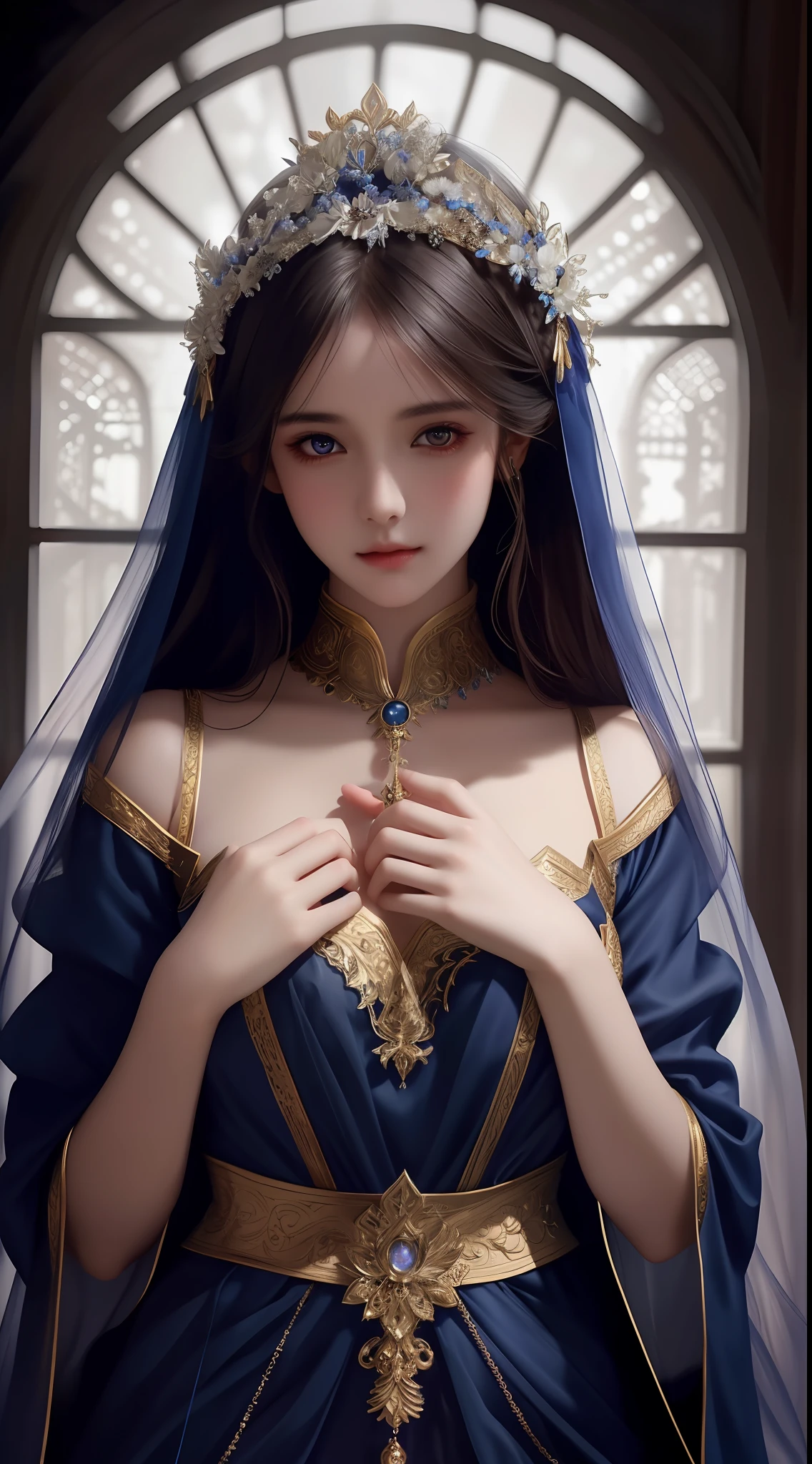 the perfect human model cute angelic girl posing, accurate details, detailed face, fantasy indigo clothes, dramatic, intricate, elegant, highly detailed, digital painting, artstation, concept art, smooth, sharp focus, illustration, art by gustave dore, octane render, 4k