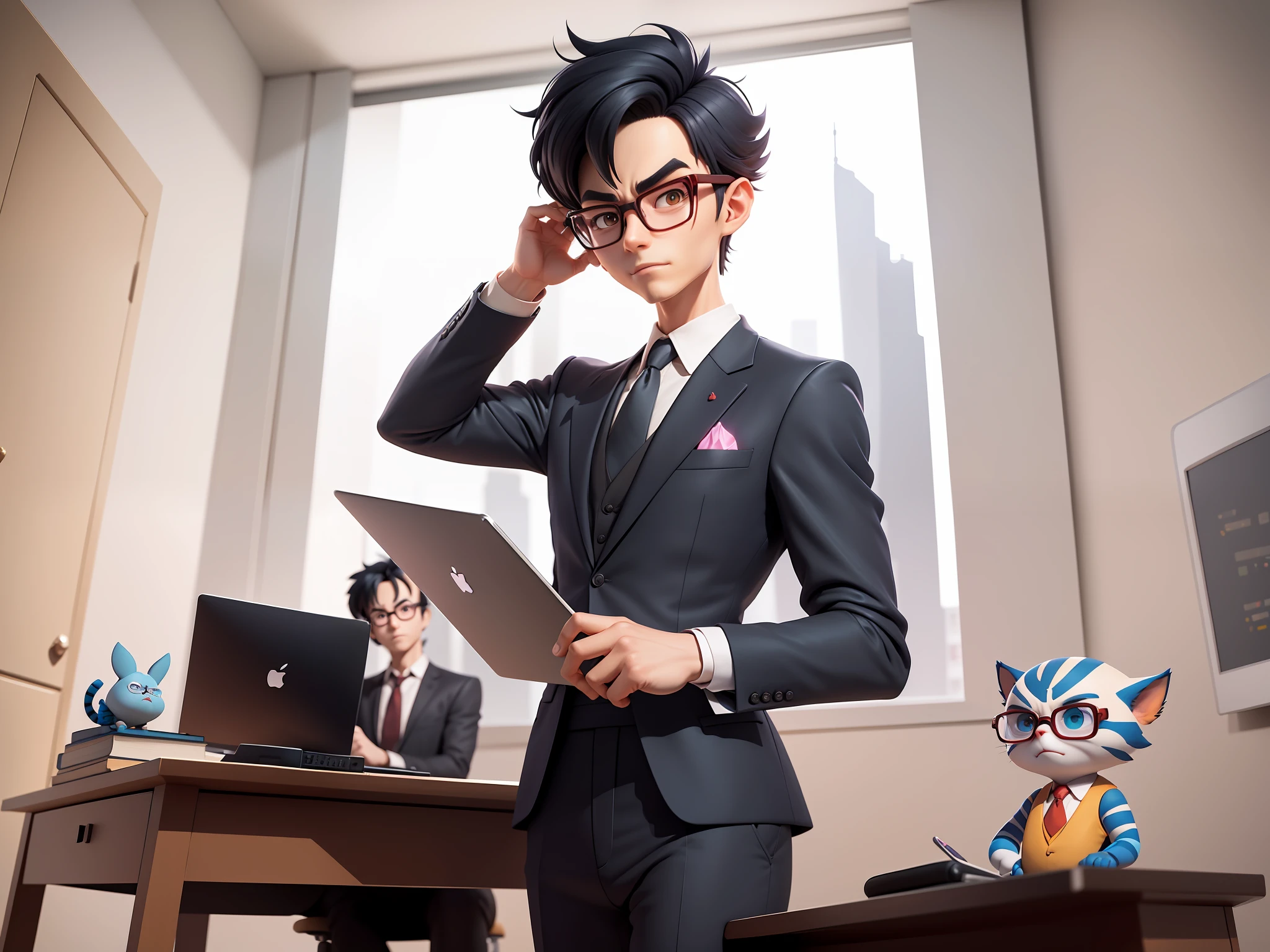 A young man in a suit and pants, Short hair and glasses sat at his desk，holding laptop，digitial painting，tigre，3D character design by Mark Clairen and Pixar and Hayao Miyazaki and Akira Toriyama，4K HD illustration，Very detailed facial features and cartoon-style visuals。