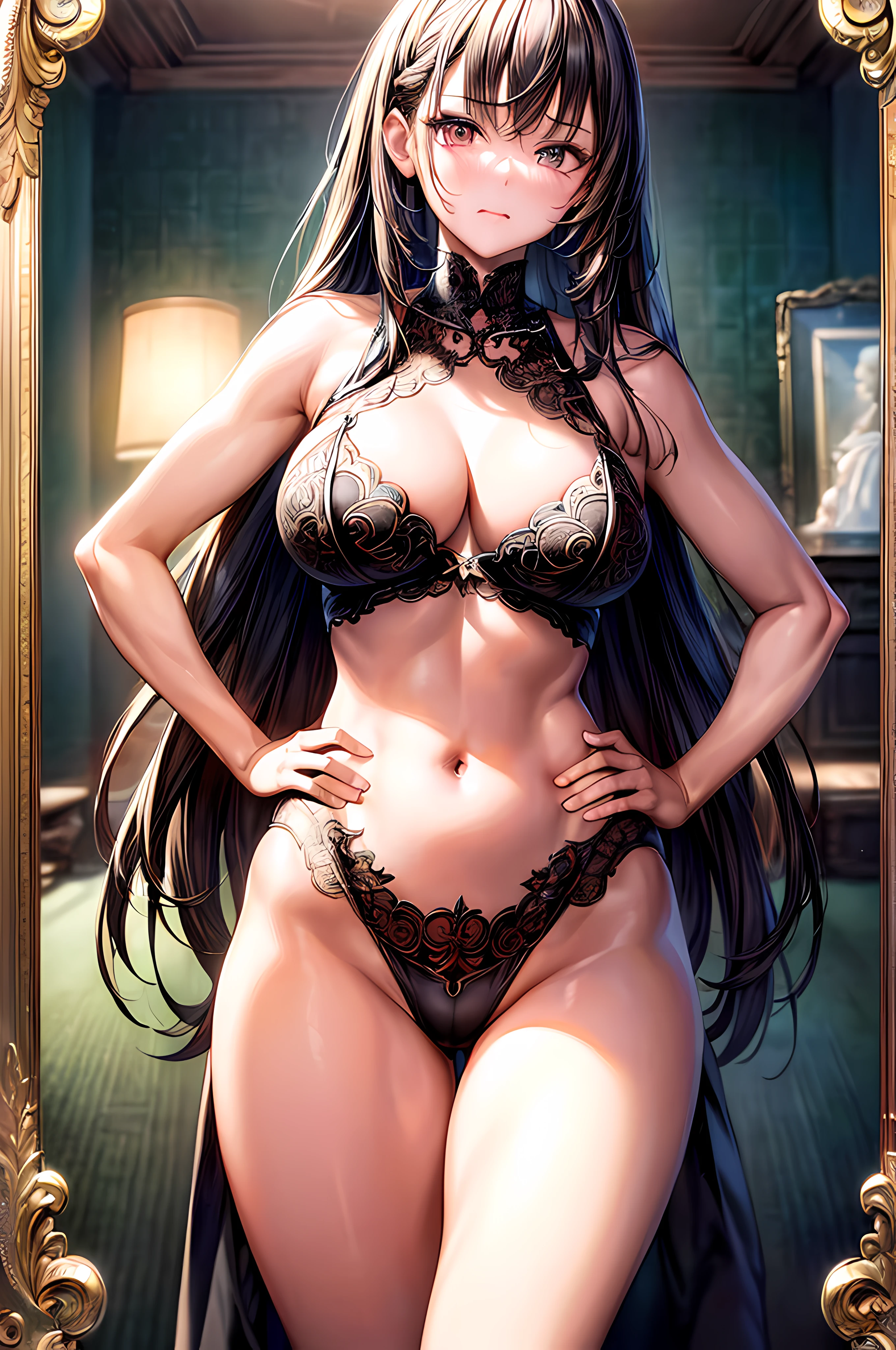 (masterpiece, best quality, 8K, large masterpiece digital art, detailed manga illustration), perfect anatomy, (intricate details, ultra-detailed, illustration:1.3), (natural lighting, vivid colors:1.3), girl, looking in the mirror, private room, behind her childhood haunted, sad face, looking at the viewer, add_detail:1