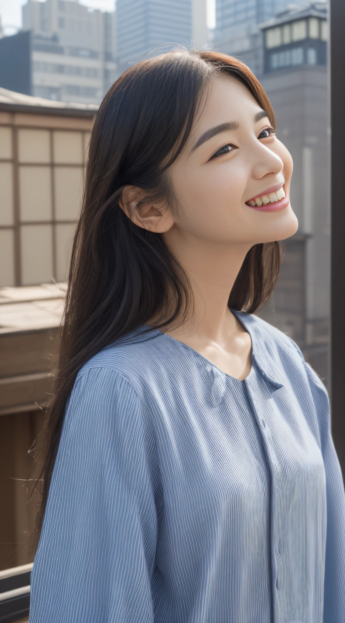 ((top-quality、8K、masterpiece:1.3))、sharp:1.2、Perfect Body Beauty:1.4、Slim abs:1.2、Big、Beautiful face、A smile、((clerk:1.3))、(Building rooftops in Tokyo:1.2)、Straight hair、Highly detailed facial and skin texture、A detailed eye、Aspect of looking at the camera、Shooting from the side