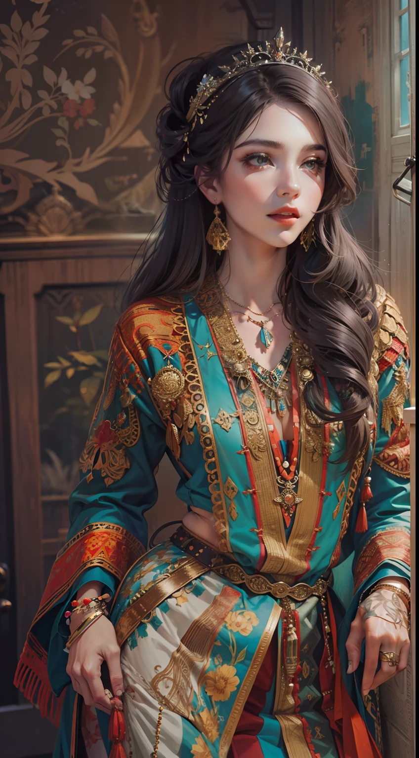 Beautiful woman in intricate Vintage Bohemian Outfit