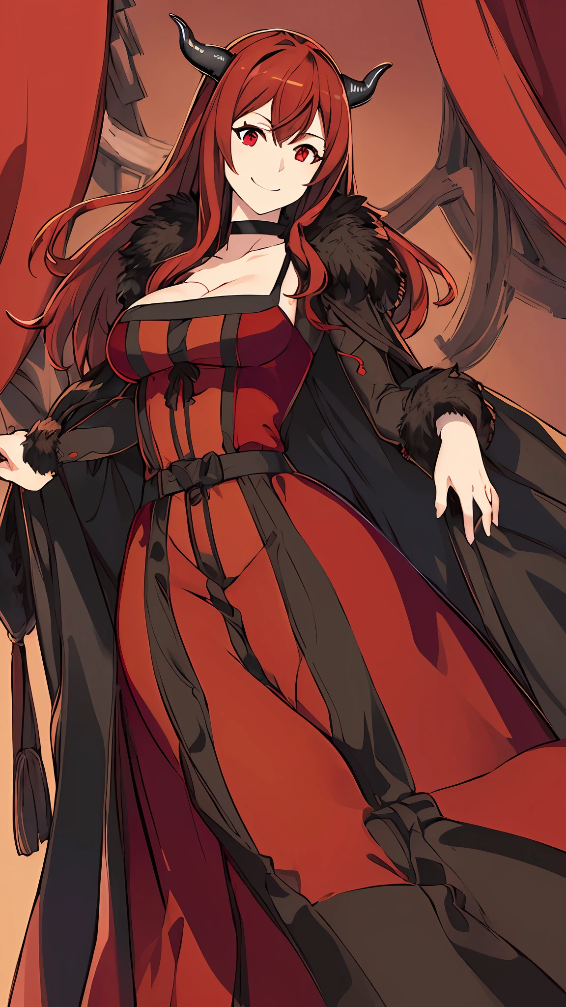 (((masterpiece))), (((bestquality))), ((ultra-detailed)), (illustration), ((anextremelydelicateandbeautiful)), dynamic angle, floating, (beautifuldetailedeyes), (detailedlight), (1girl), solo, maoyu, horns, choker, fur trim, black cape, long red dress, floating_hair, glowing eyes, red eyes, ruby eyes, red background, looking at viewer, smile