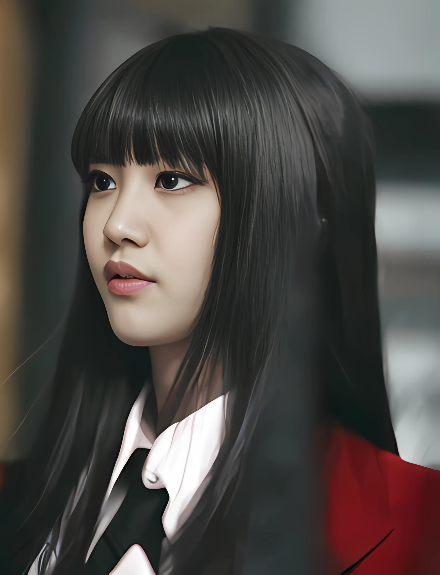 (((obra-prima))), melhor qualidade, illustration, terra, water, fogo, vento, outer space, paper_cut, V Araffe com cabelo preto longo usando uma gravata e uma jaqueta vermelha, Ela tem cabelo preto com franja, iu lee ji-eun as a super villain, franja contundente cai em sua testa, Sui Ishida com cabelo preto, preto hime corte cabelo, She has black hair, com uma franja escura, cabelo preto longo com franja, com franja completa (((e do seus olhos saem raios luminosos vermelhos))) brilho em ambos os globos oculares deboche sarcasm face troll