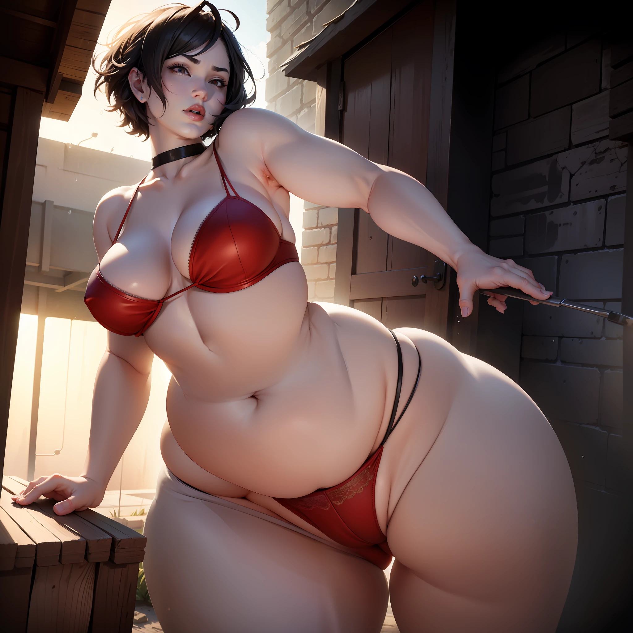 1 Bob short hairdressed girl,Short curly hair,Bad proportions,red eyes,Gorgeous red bikini armor,Milk meat spilled from the armor,black lence stockings,bubble butt,gasps,Smell,laneway,Back alley,Sateen,Rain drops,(depth of fields,ambientlighting),atmospurate,light flare,Complicated details,enhanced lighting,Breasts are larger than the torso,,Crazy swollen breasts,Koreainsta Goddess,Realistic fantasy rendering,photorealistic anime girl rendering,Faraway view,(full-body portraits:1.4),(:1.4),(Exaggerated body proportions),(Nine-headed body),a plump buttocks,slender leg,Thick thighs, camel-toe, Lift, rendering by octane, (Unbeatable masterpiece, ultra realistic 8k cg, dramatics, Ray traching, hdr:1.2), (best qualtiy), fanciful, atmospurate, extremely detaile, iintricate, Hyper-detailing, glaring lights, (mirror lighting: 1.4), (photorealiscic face: 1.2), (dent in the skin: 1.3), (1 rapariga: 1.4)