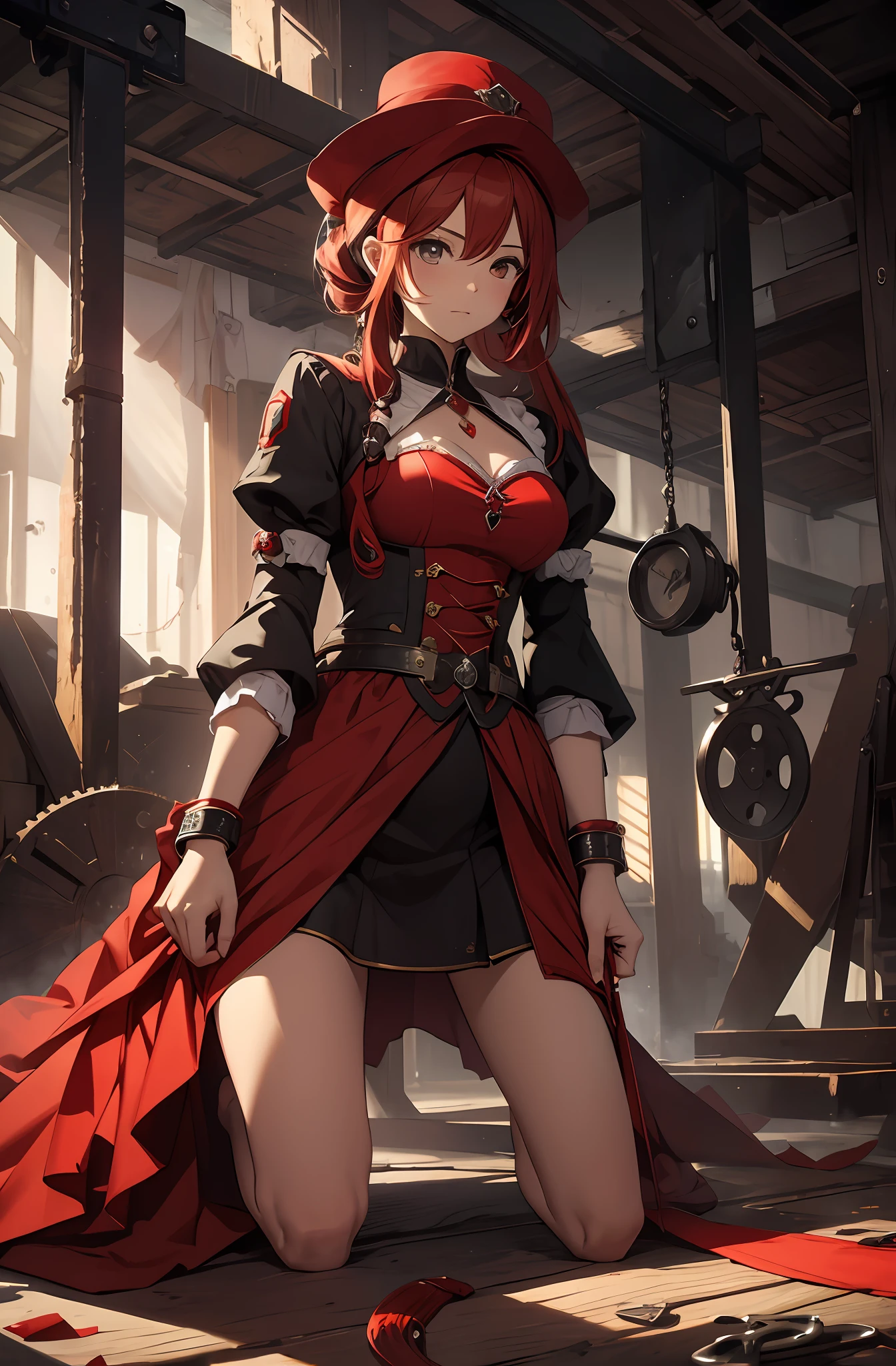 best qualityer，tmasterpiece，Ultimate resolution，downy，Extremely colorful，Woman in Red，shackle，Cord，guillotine，execute，Kneeling pose，The barefoot