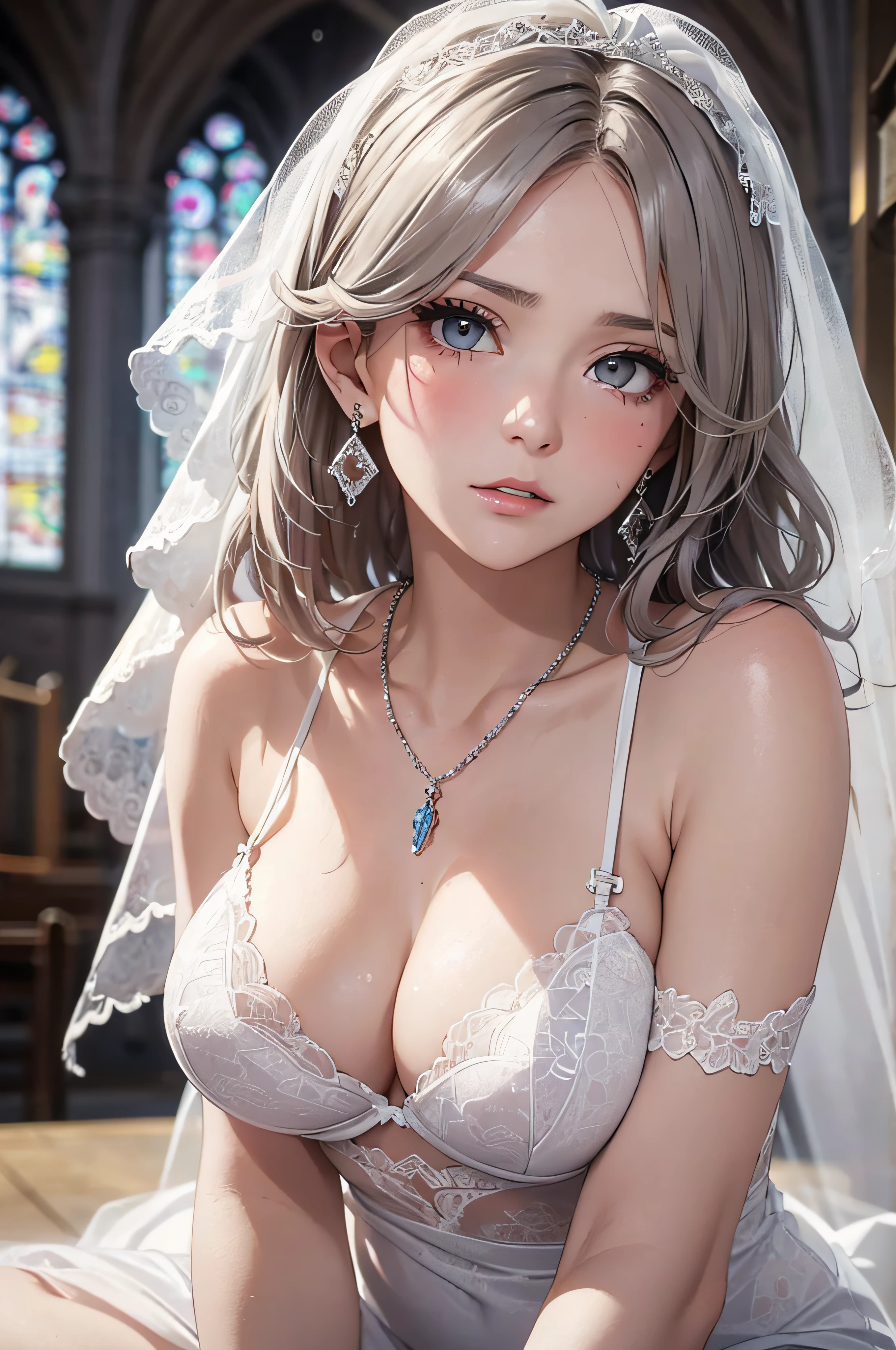 (masutepiece: 1.3), (max resolution: 1.2), (Ultra HDTV: 1.2), cinematric light,  Detailed eyes and skin, detailed facial features, , 8K resolution, (Sharp Focus: 1.2, Perfect Style, Beautiful face, acurate, Anatomically correct, Highly detailed face and skin texture, Detailed eyes, Double eyelids, Thin eyebrows, Glitter Eyeliner: 1.2, Natural cheeks, Glossy skin, Fair skin: 1.2, shiny little necklace and earrings, (Glossy lips: 1.4), (weddingdress:1.2)、 (Shy look: 1.2), 25 years old, Neat and clean woman 、Silver-white hair,Wavy Hair、 Semi-long hair, (Focus on Face:1.2), ((large full breasts)), (upturned breasts), (In a church: 1.2)), (She is sitting on the floor：1.2.)), Highly detailed facial and skin texture, Detailed eyes, Double eyelids, Natural cheeks, Green-gray eyes,Rosary Necklace、  shiny small earrings, shiny lips: 1.4,Exposed cleavage、（A large amount of sperm in the chest:1.4）（Large amount of sperm in the thighs:1.2）、red blush、Tears are embarrassing、White underwear、White bra、Open knees、open one's legs、Masturbation behavior、Disheveled clothes、Dressing、Exposed panties、Wearing sweat、sodden、Sheer underwear、White blouses、humiliated、impatience、dismay、Frightened、glares、Green-gray eyes、Full-body angle of view、from the front side、red blush、wedding veil、