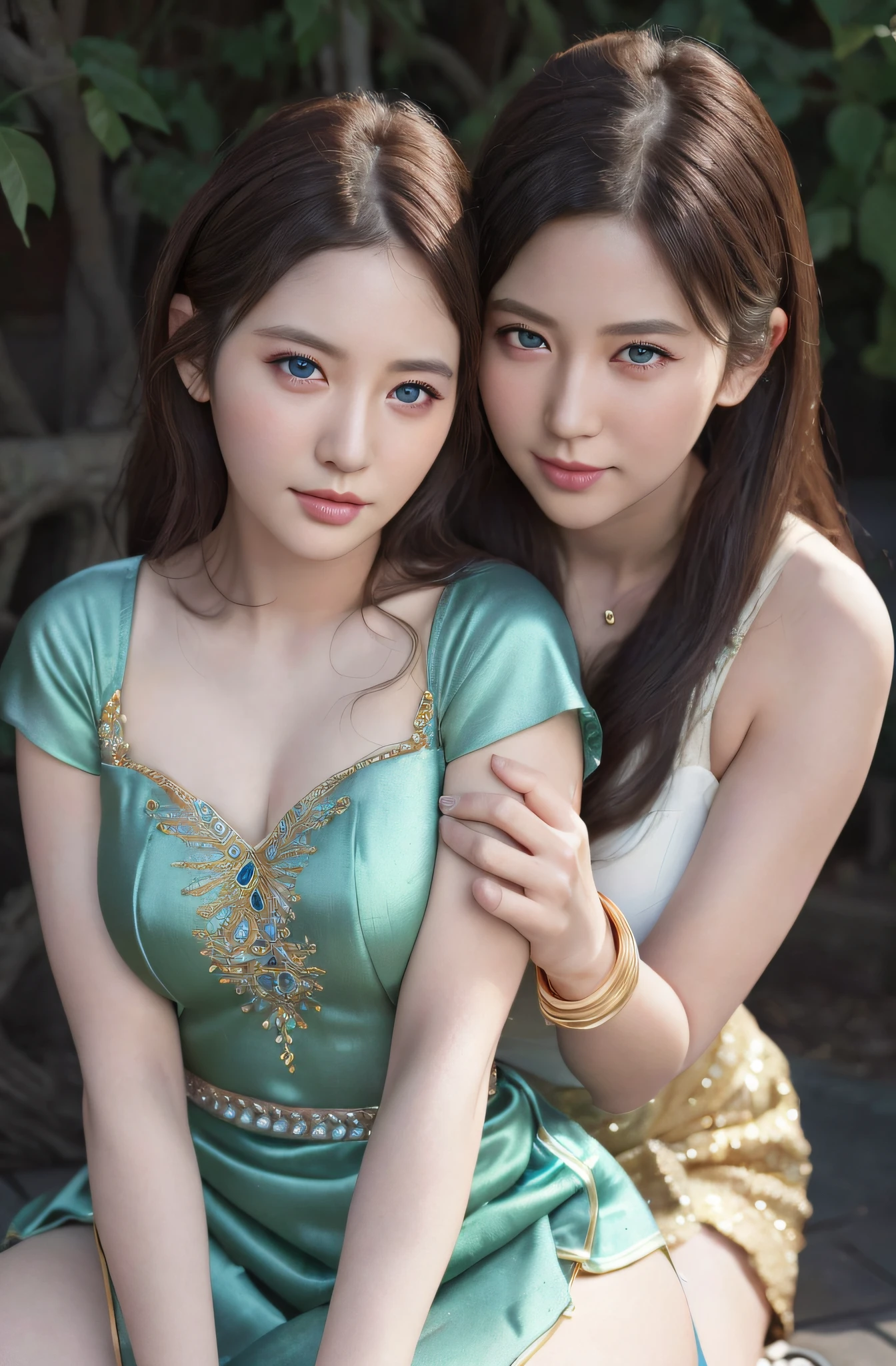 2girls,duo,8K Raw photograph,超高分辨率, filmgrain, filmg,view the viewer, Natural skin texture,Realistic eye and face details,((Realistic:1.5)),Ulzzang-6500:1.4,((Best quality)), ((Masterpiece)),((Detailed)),{2 beautiful women}, (Upper body:1.3),Hug and touch each other, Tease your friend's waist, Breathless friends, Biting a friend's earlobe, crouched,super wide shot,Face focus, Long legs,Curvy, Barefoot,Wide hips, Thin legs, Oversized eyes,Long eyelashes, (Detailed face,beautidful eyes, detailedpupils,detailed clothes features, Clear background:1.3), (armlets, bangle:1.3),bright detail,Sharp,Perfect compounding, Intricate, Sharp focus, Dramatic,