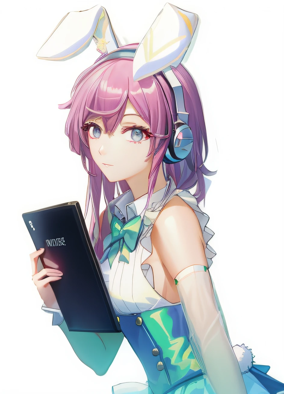 Anime girl holding tablet wearing headphones，Wearing furry rabbit ears, with headphone, kda, Wearing a gaming headset,Wearing a gaming headset, Fine masterpiece，a beauty girl，4K masterpiece，grand master，Wear a fine skirt，