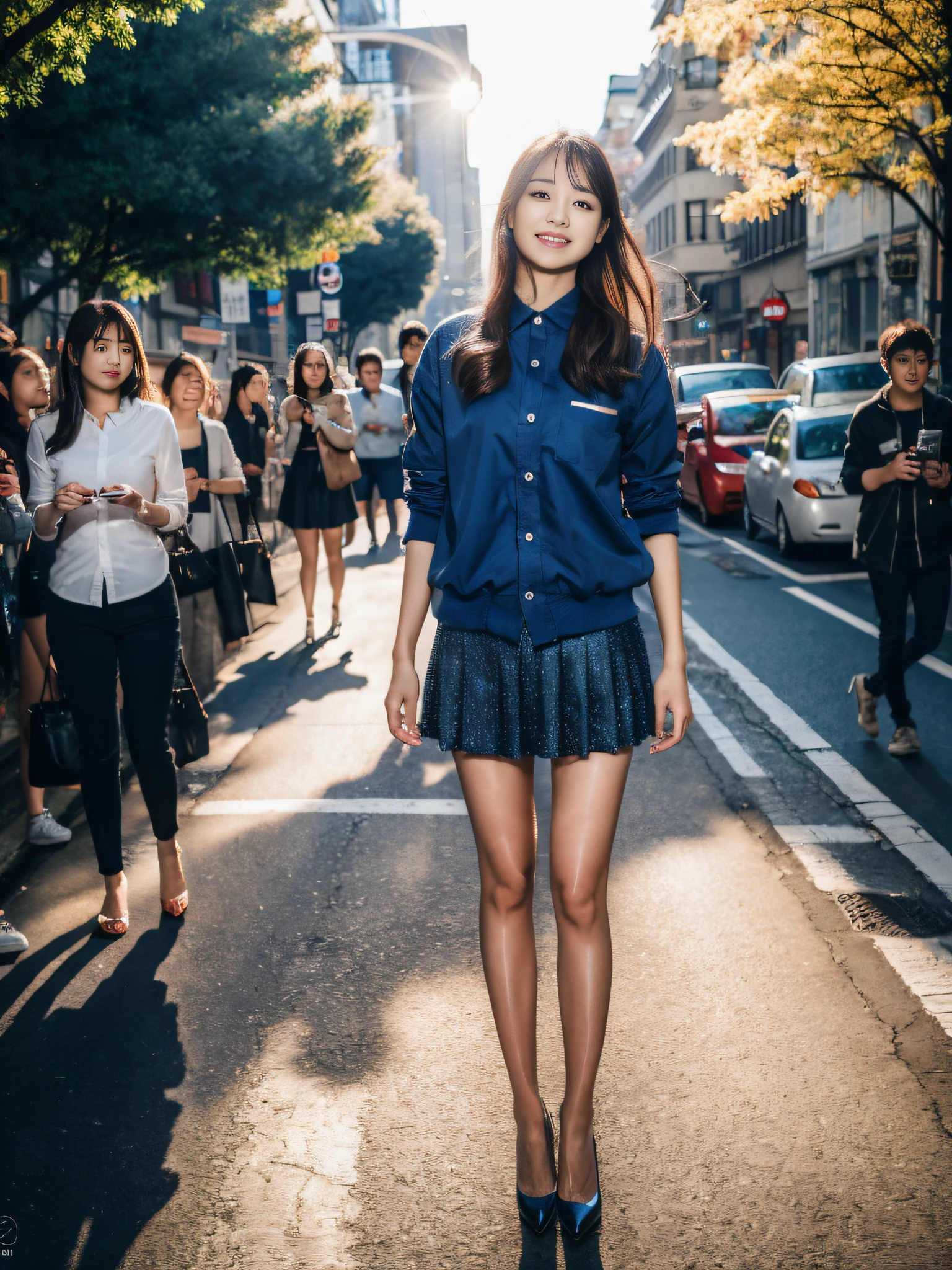 ,(RAW photo:1.2), (Photorealistic:1.4),Beautiful Meticulous Girl, very detailed eyes and faces, Beautiful detailed eyes, ultra - detailed, A high resolution, The is very detailed，best qualtiy，3个女孩，tmasterpiece，blue-shirt，a skirt，illustratio，The is very detailed，unified，8k 壁纸，finely detailled，tmasterpiece，best qualtiy，Unity8k wallpapers，light in face，cinmatic lighting, 3个女孩, Continuous forward， old，(Camel toes)，(full bodyesbian)，are standing，鎖骨，Stylish clothes，short  skirt，Long legs，high-heels，the street，城市，rays of sunshine