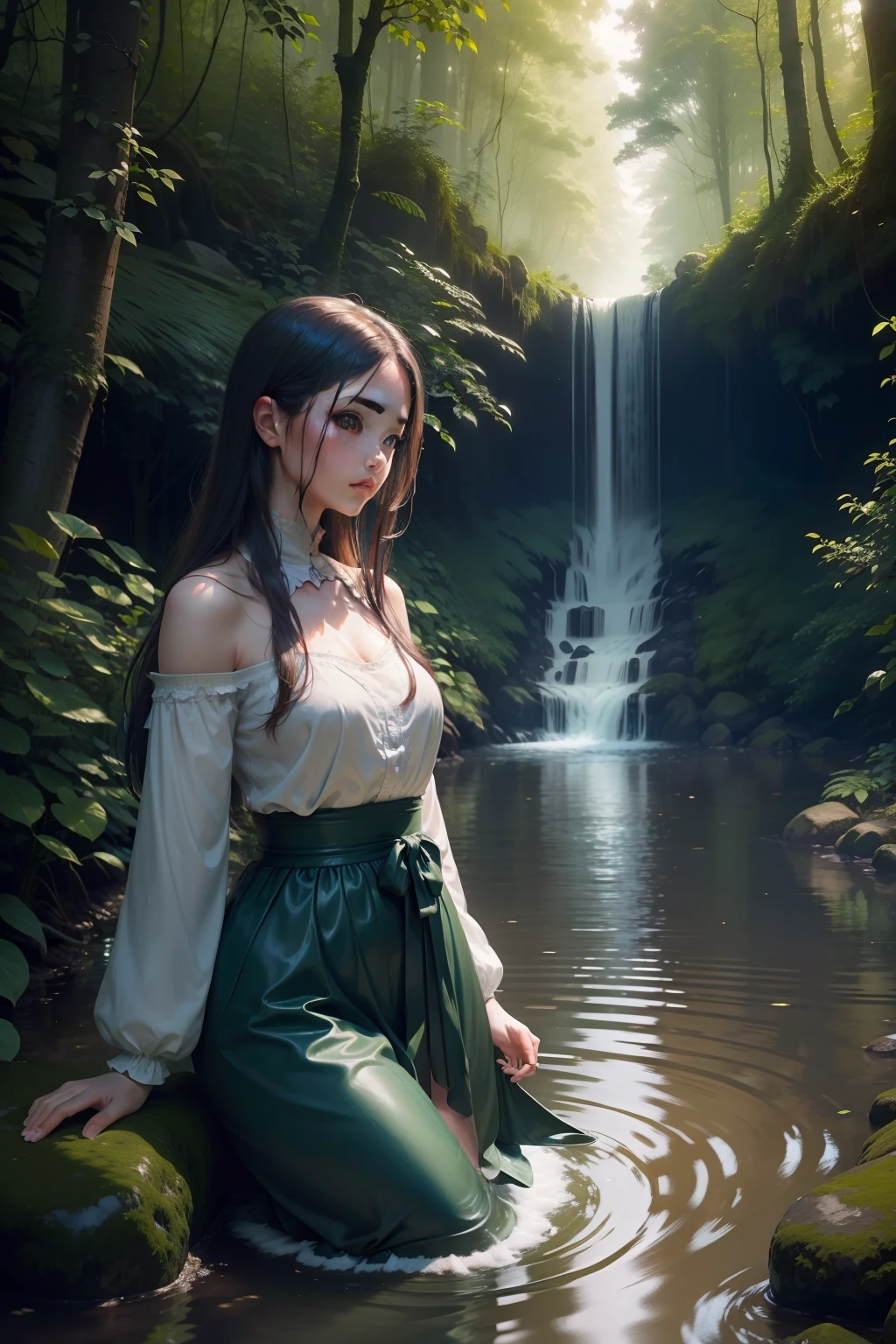ln the forest,in the early morning,water flowing,Beautuful Women,photorealestic