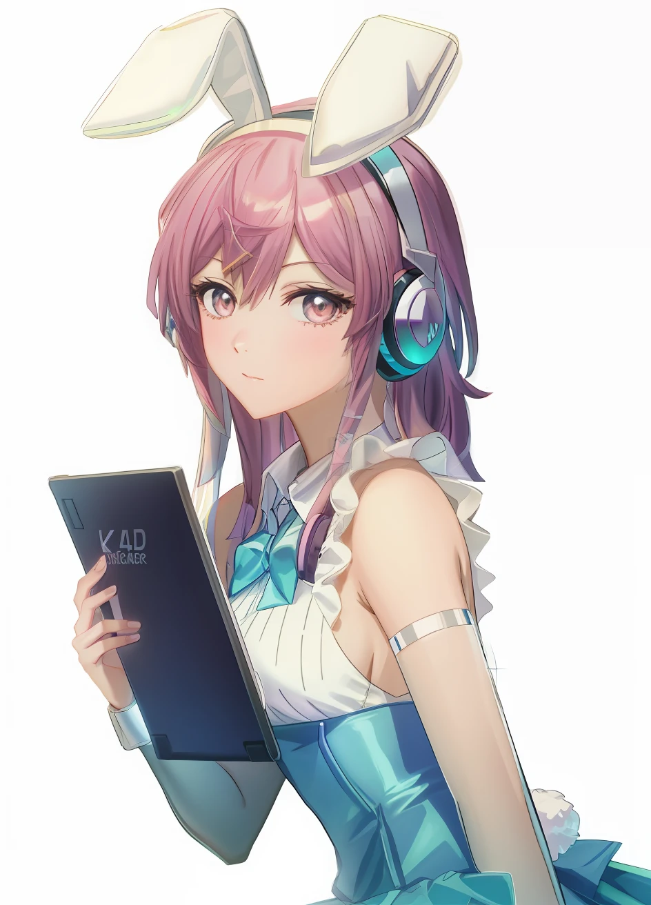 Anime girl holding tablet wearing headphones，Wearing furry rabbit ears, with headphone, kda, Wearing a gaming headset,Wearing a gaming headset, Fine masterpiece，a beauty girl，4K masterpiece，grand master，Wear a fine skirt，