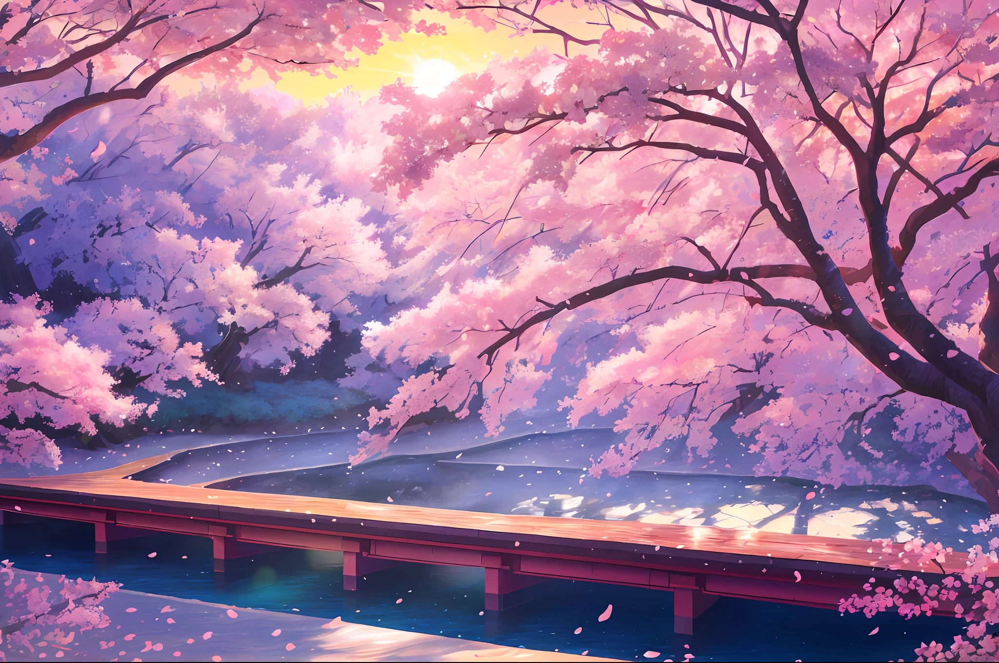 (Photorealistic:1.2), illustratio：Hidenori Matsubara, A vibrant fantasy landscape, cherry blossom petals falling, Illuminated by a warm and inviting sunset, Smooth shadows and textures, and a subtle glow