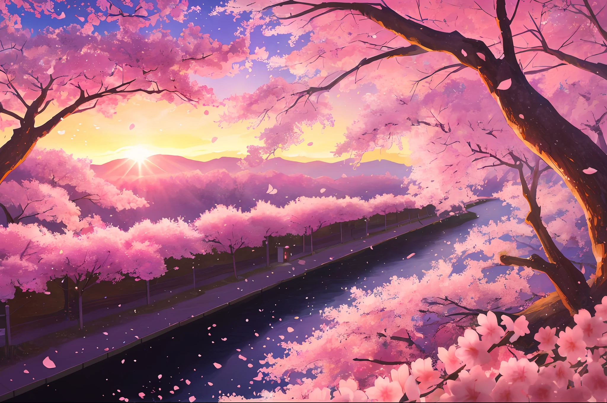 (Photorealistic:1.2), illustratio：Hidenori Matsubara, A vibrant fantasy landscape, cherry blossom petals falling, Illuminated by a warm and inviting sunset, Smooth shadows and textures, and a subtle glow