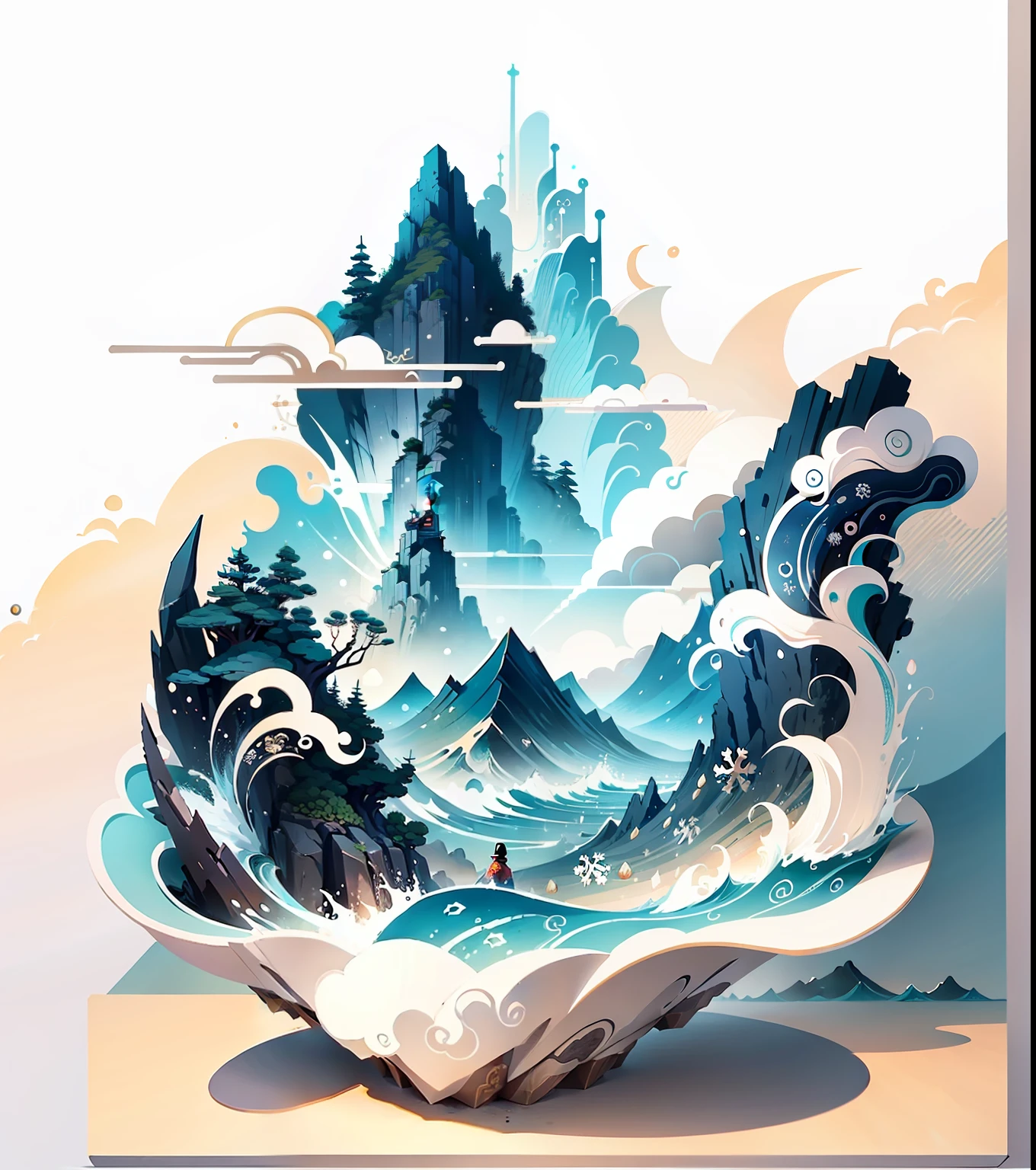 Only mountain and sea elements,Guochao illustration style