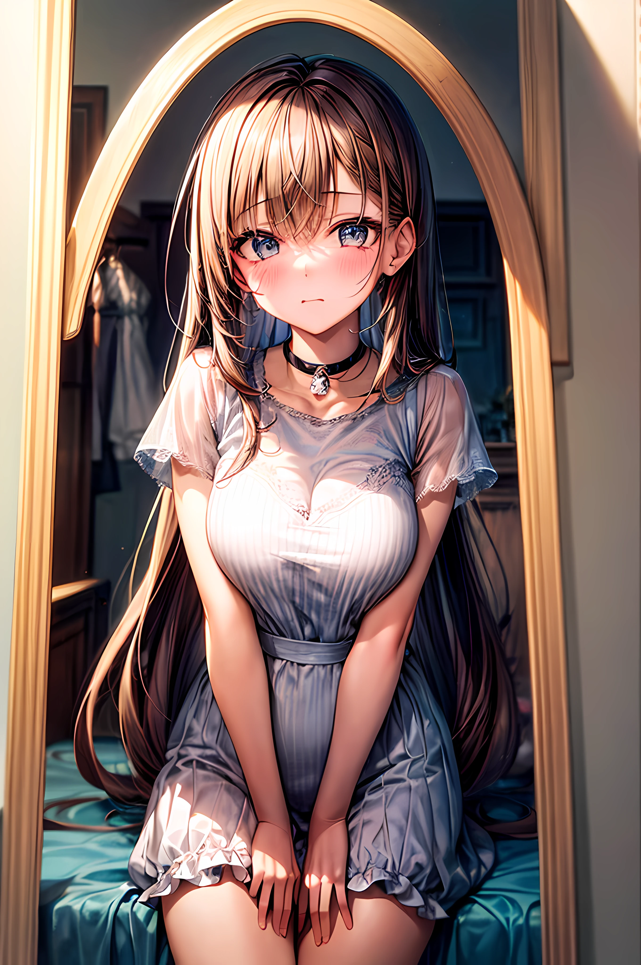 girl, looking in the mirror, private room, behind her childhood haunted, sad face, looking at the viewer, add_detail:1