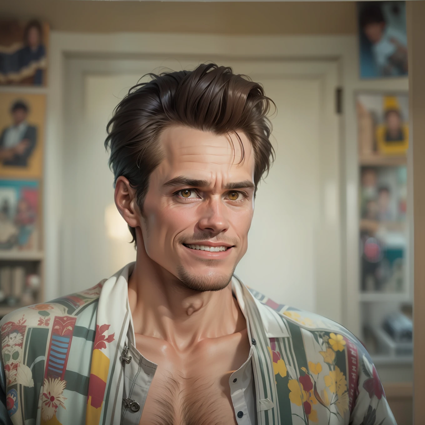 Homem, jovem, moreno, magro, cabelos curtos, retrato de Jim Carrey, vestindo terno, The Maskara, detalhes intrincados, fotografia profissional