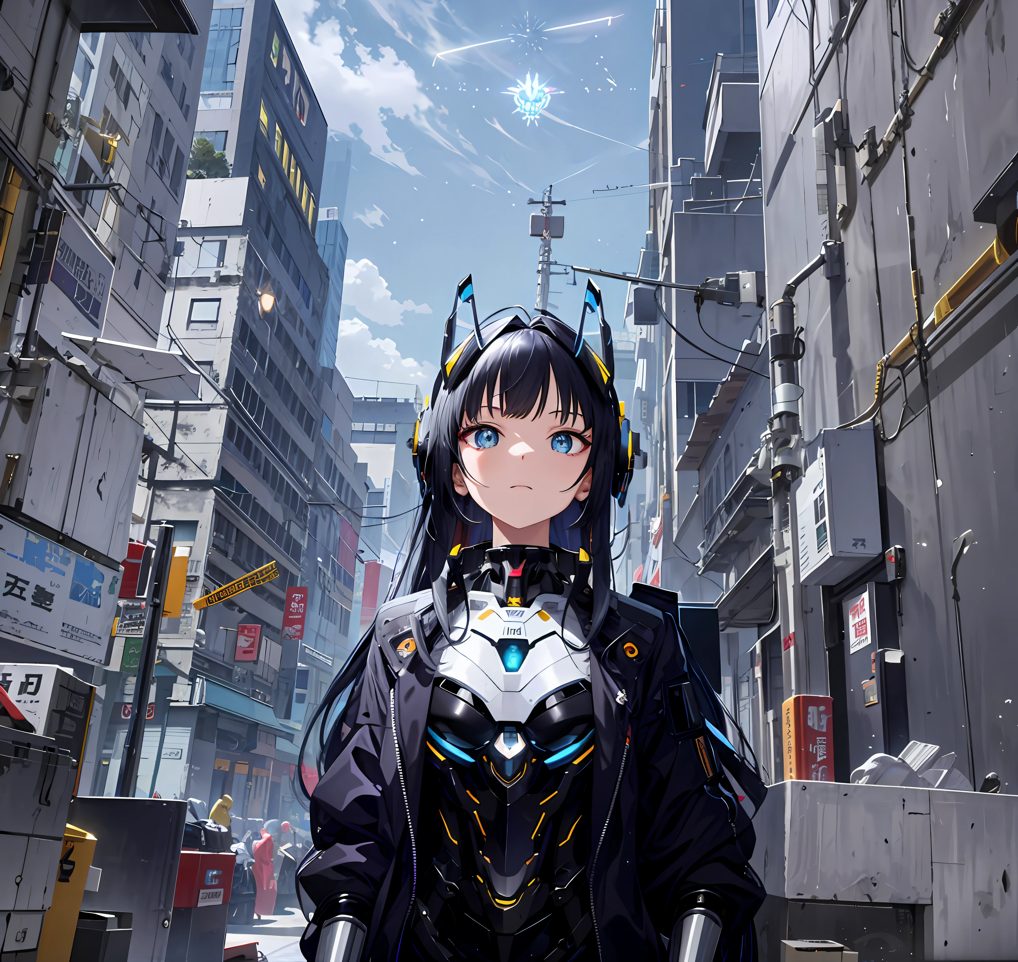 tmasterpiece,best qualtiy,ultra - detailed,very detailed illustration,The is very detailed,Complicated details,A high resolution,super complex detail,Very detailed 8k CG wallpaper,cowboy lens,Caustics,Reflectors,Ray traching,Demon Theme,Starcloud,darkness aura,cyber effect,(1girll:1.4),Solo,Alone,Mecha musume,mechanicalparts,robotjoints,single mechanical arm,Headgear,Mechanical Aura,Star halo,electric mechanical bodysuit,mecha corset,komono,Full armor,Very long hair,White hair , Hair between both eyes, Colorful hair, Colored inner hair, blue colored eyes, glowing light eyes, Eye trajectories, Random expressions, Random actions, Ancient Japanese architecture, ponds, starrysky, skylines,