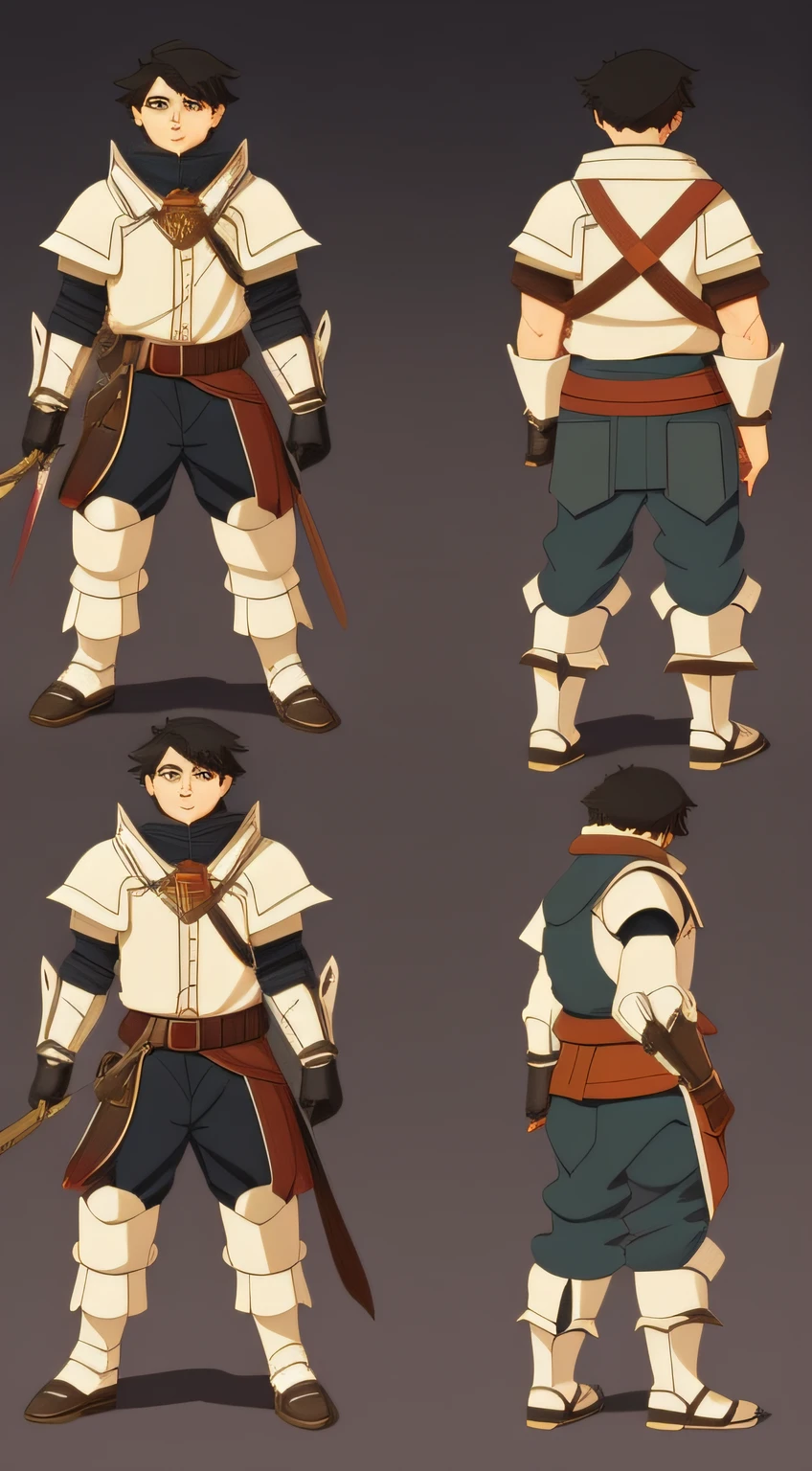 Libido boy,15year old,with short black hair,Eyes staring,Happy emoji,with a round face,Wear armor,Take a sword,Three views of role settings,Whole body diagram,in style of ghibli