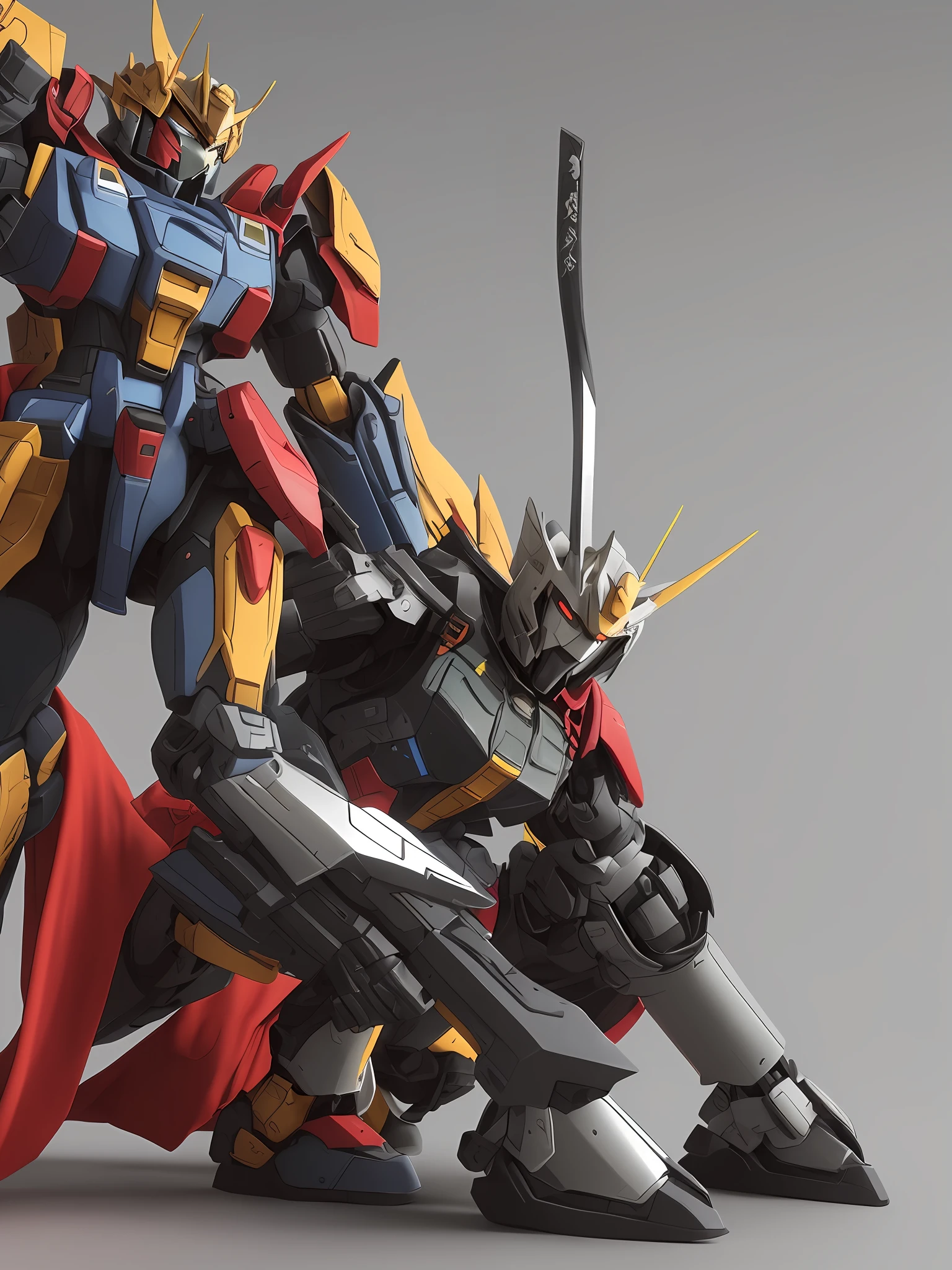 50mm, high contrast, clean, high resolution, 4k, 3d octane render, cinematic lighting, dynamic, hyperrealistic, detailed, hi-res, smooth, motion blur, weathered, battle damaged, prototype Samurai Gundam, samurai armor shaped, in crouching stance holding a very large katana in each hand, the bipedal combat Gundam is a very dark red, glossy black trimming, primer non reflective white head, pale grey background