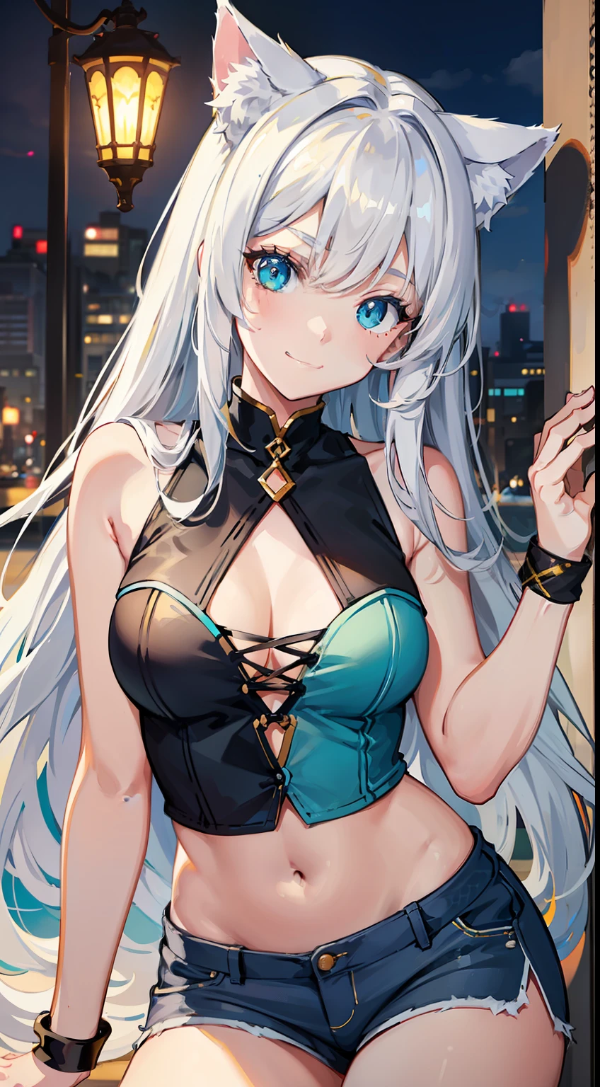 young girl, Long white hair, Cat's ears, Heterochromia, Yellow and blue eyes, tight turquoise top, Sleeveless, Shorts, open belly, White patterns on clothes, smirk, Receive, Masterpiece, hiquality