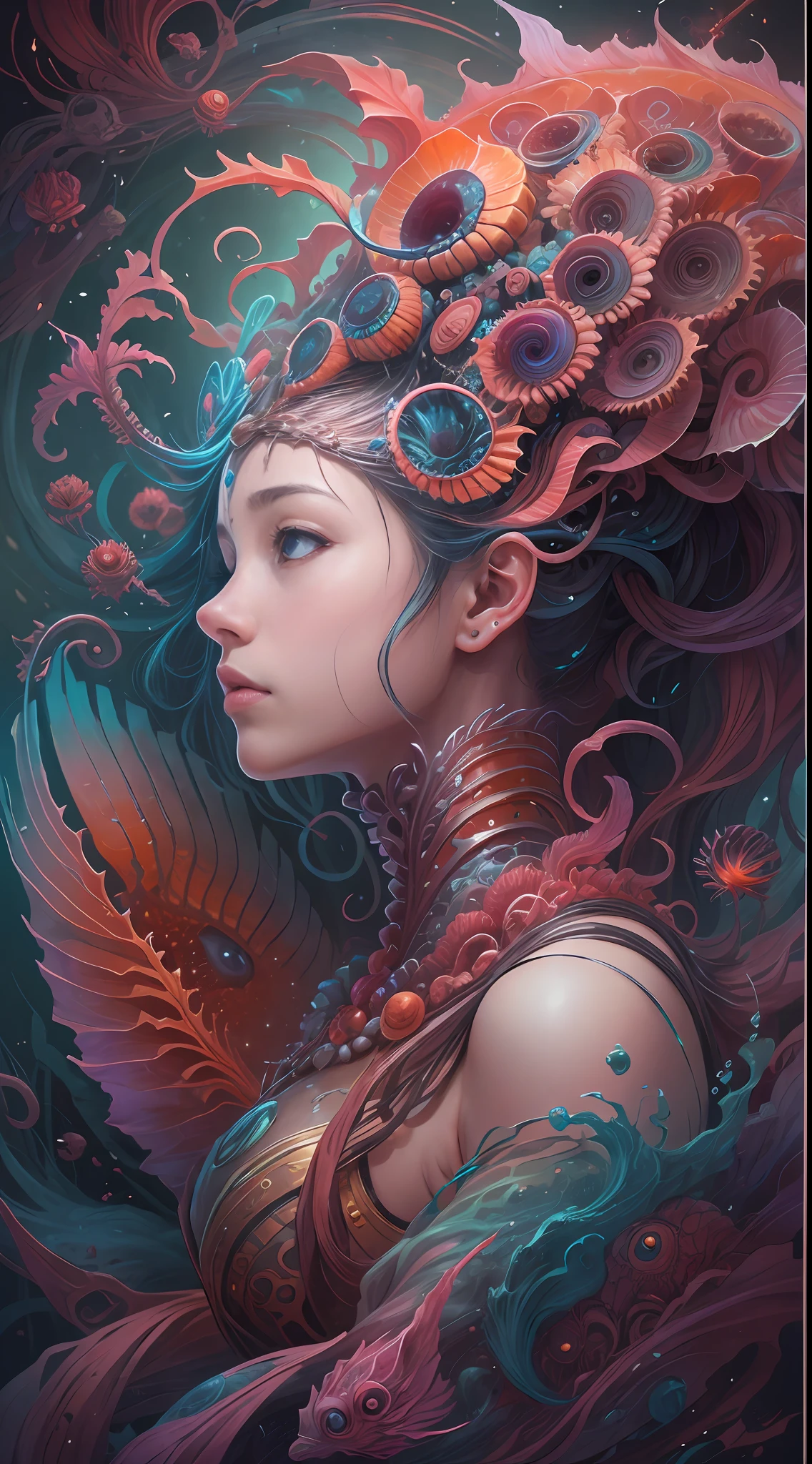 best qualtiy，tmasterpiece，超高分辨率，（photograph realistic：1.4），ultra-realistic realism，Dream-like，The beautiful goddess wears a phoenix peacock on her head, Nautilus, a betta fish，The creation of fantasy，Brain conch，Dream Conch，Biopunk Nautilus，Thrilling color scheme， ultra-realistic realism， abstracted， psychedelia,