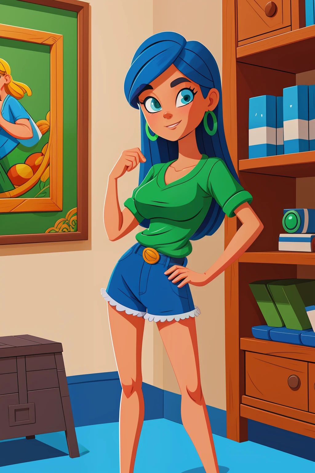 Cartoon woman in green shirt and blue shorts standing in the room, low detailed. Digital Painting, detailed 2d illustration, colorfull illustration, colorfull illustration, cartoon digital painting, 2d digital illustration, 2d illustration, 2 d illustration, digital cartoon painting art, inspired by Cyril Rolando, ProCreate illustration, Digital 2D illustration