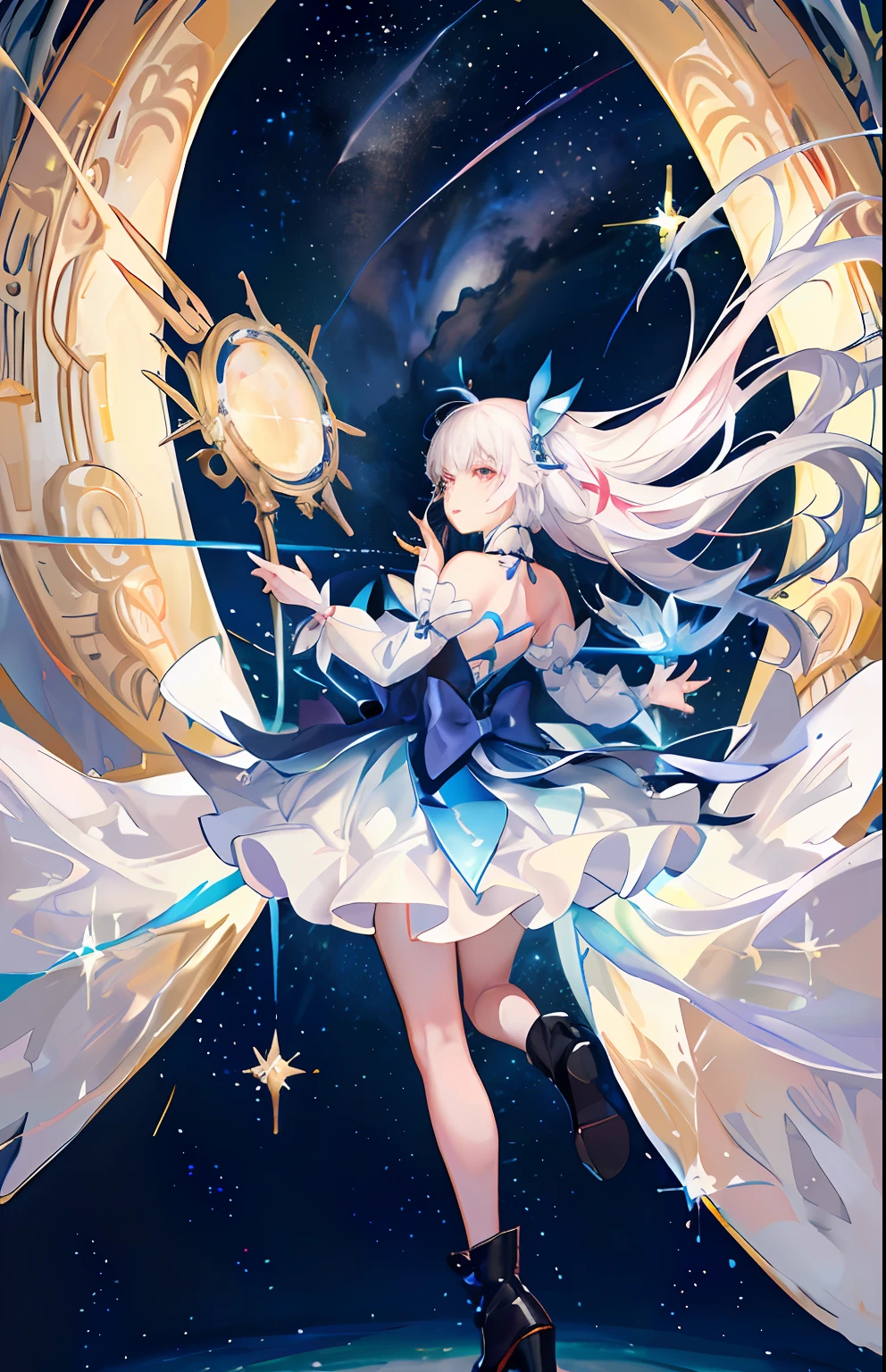 quadratic element,A woman who looks holy,long white hair,red pupils,White sacred costume,There are decorations about time on the clothes,Master the starry sky,White dove