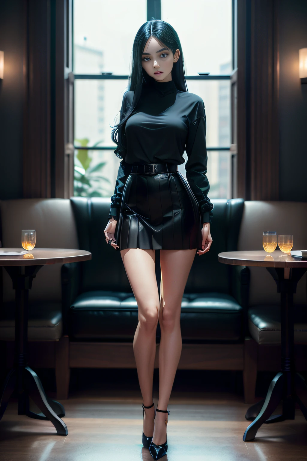 Beauty long legs，People are thin，Stand up straight，High cooling temperament，Wearing black stockings and black high heels，Wearing a black pleated skirt，The skirt looks fluffy，Wears a white high-neck long-sleeved lace shirt，Long hair waist-length，The hair is blue-black，People are a little skinny，A little smaller butt