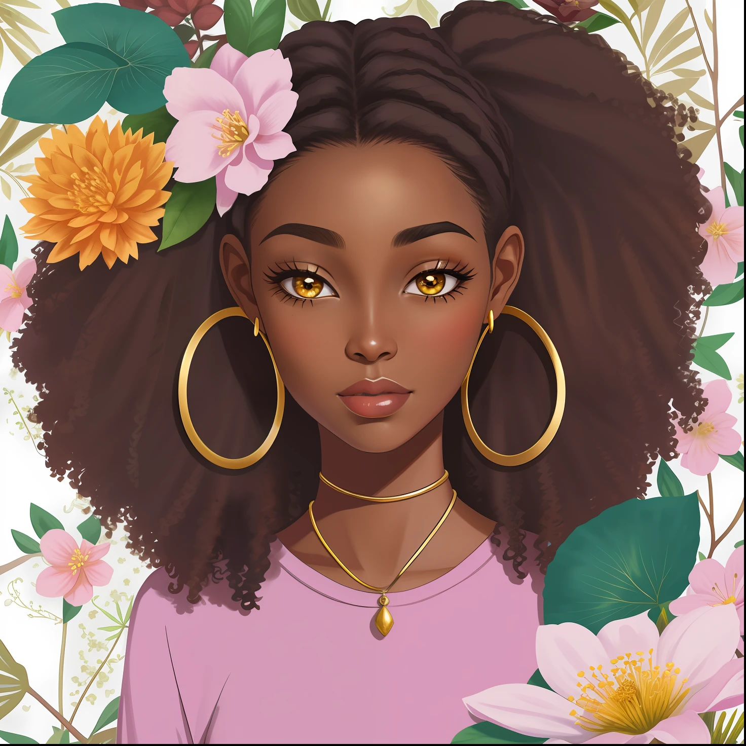 african american girl,Black girl,beautiful Girl,Gold earrings,blossoms,The background is a variety of plants