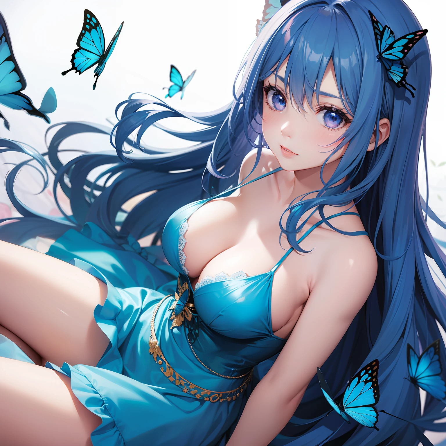 a women, blue butterfly, blue hair, pink eyes, blue dress
