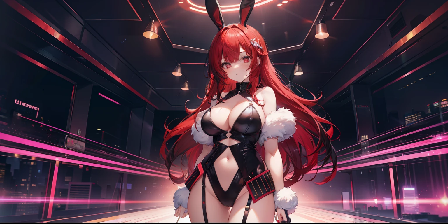 1 Girl, big red hair, streaks of black hair, bangs, eye hair, y anime bunny outfit, big chest, standing, background scenery, in a nightclub, colored lights, ambient detail, ultra detailed