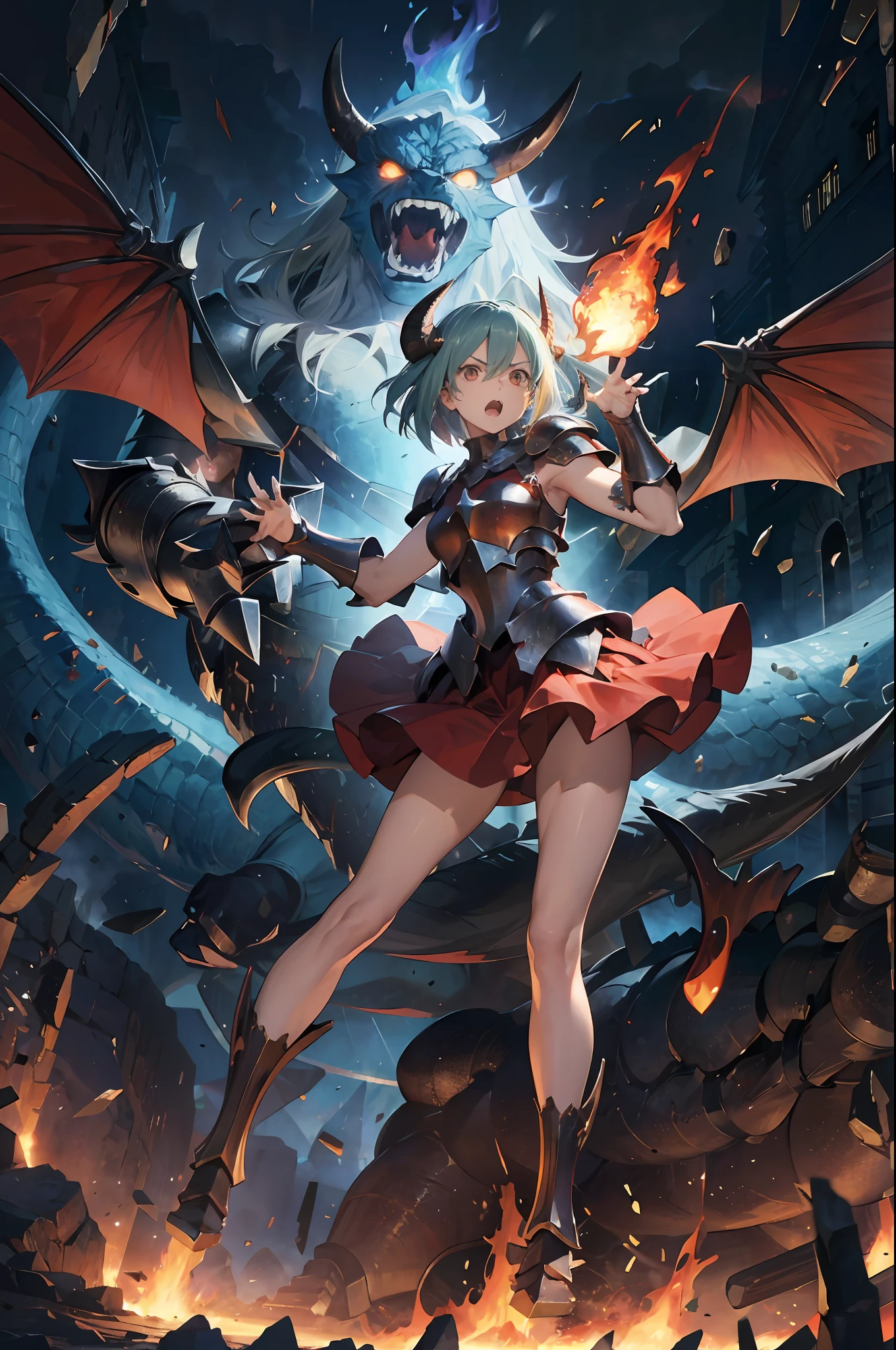 absurderes, High resolution
break
（Black scales），Ogre，The body has black scales，Black scales，Hellbringers，(Doragon girl:1.3), Doragon (horn:1.2), fantasy, Doragon Demon (Wings:1.3),  spread the wings, (Glare viewer), (Angry), The eyes are big, (scaled armor:1.3) Red dress, (Roar:1.2), Open mouth, Fang, Dynamic Angle, Magical fire effect, (Claw pose:1.2), (full bodyesbian), Open legs, standing,
break
The background is an erupting volcano, Fire, Flames erupted, explode
break
(Solo:1.2)