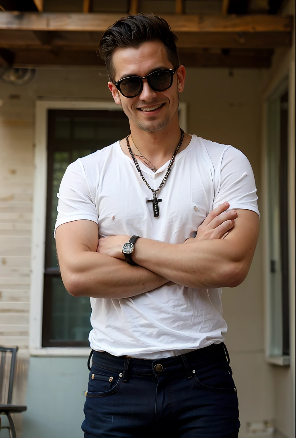 Raw American shot photograph of an european handsome 57 year old man, smiling mischievously, sunglasses, athletic body, white shirt rolled up, arms with tattoos, skinny jeans, necklace with small black beads.  Perfect smile.  Pose with crossed arms.  Masterpiece.  Detailed in the best quality.