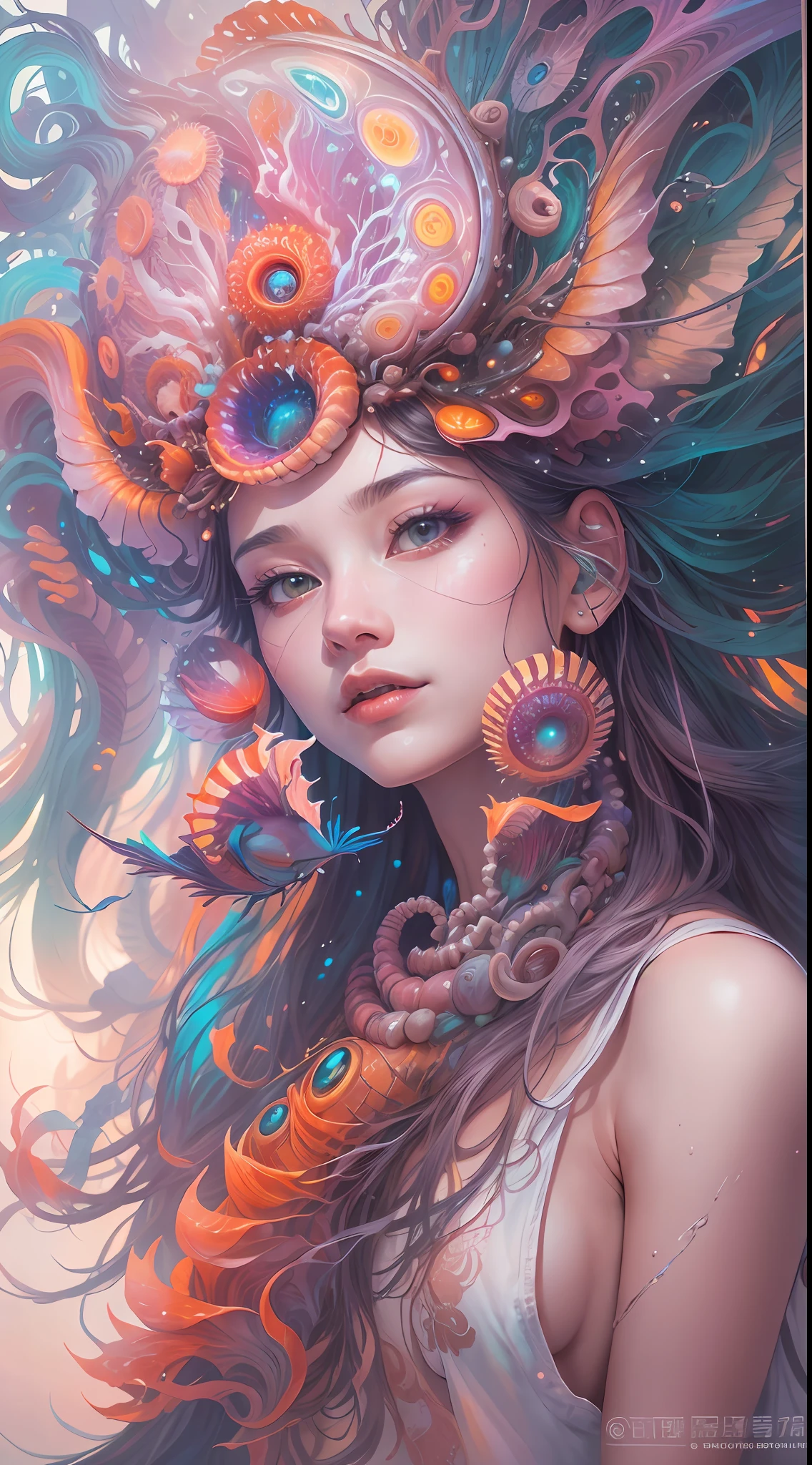 best qualtiy,tmasterpiece,超高分辨率,(photograph realistic:1.4),ultra-realistic realism,Dream-like,The beautiful goddess wears a phoenix peacock on her head, Nautilus, a betta fish,The creation of fantasy,Brain conch,Dream Conch,Biopunk Nautilus,Thrilling color scheme, ultra-realistic realism, abstracted, psychedelia,