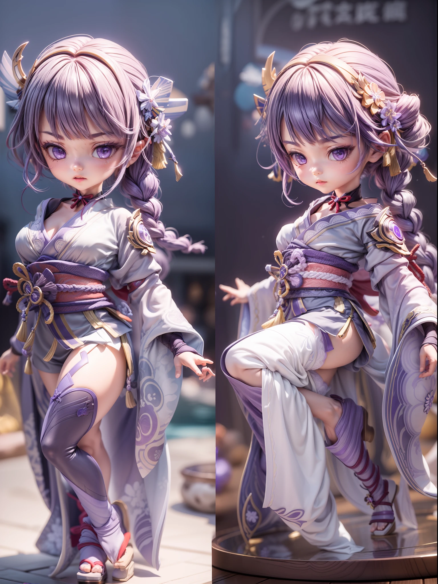 (Blind box toy style:1.3), ((Full body photo:1.5)) , 1 masterpiece, ((anatomy correct:1.4))，Best quality,,(((Raiden Shogun))) ((Genshin Impact)), 1 girl solo, Slim little kimono，Purple stockings，The clothes slipped off the shoulders，Expose the upper part of the chest， dreamy glow, Clean, Purple clean background ，（circular base:1.3）( Global illumination, Ray traching, hdr, unreal render,reasonable design, high detal, Masterpiece, Best quality, hyper HD, Cinematic lighting)