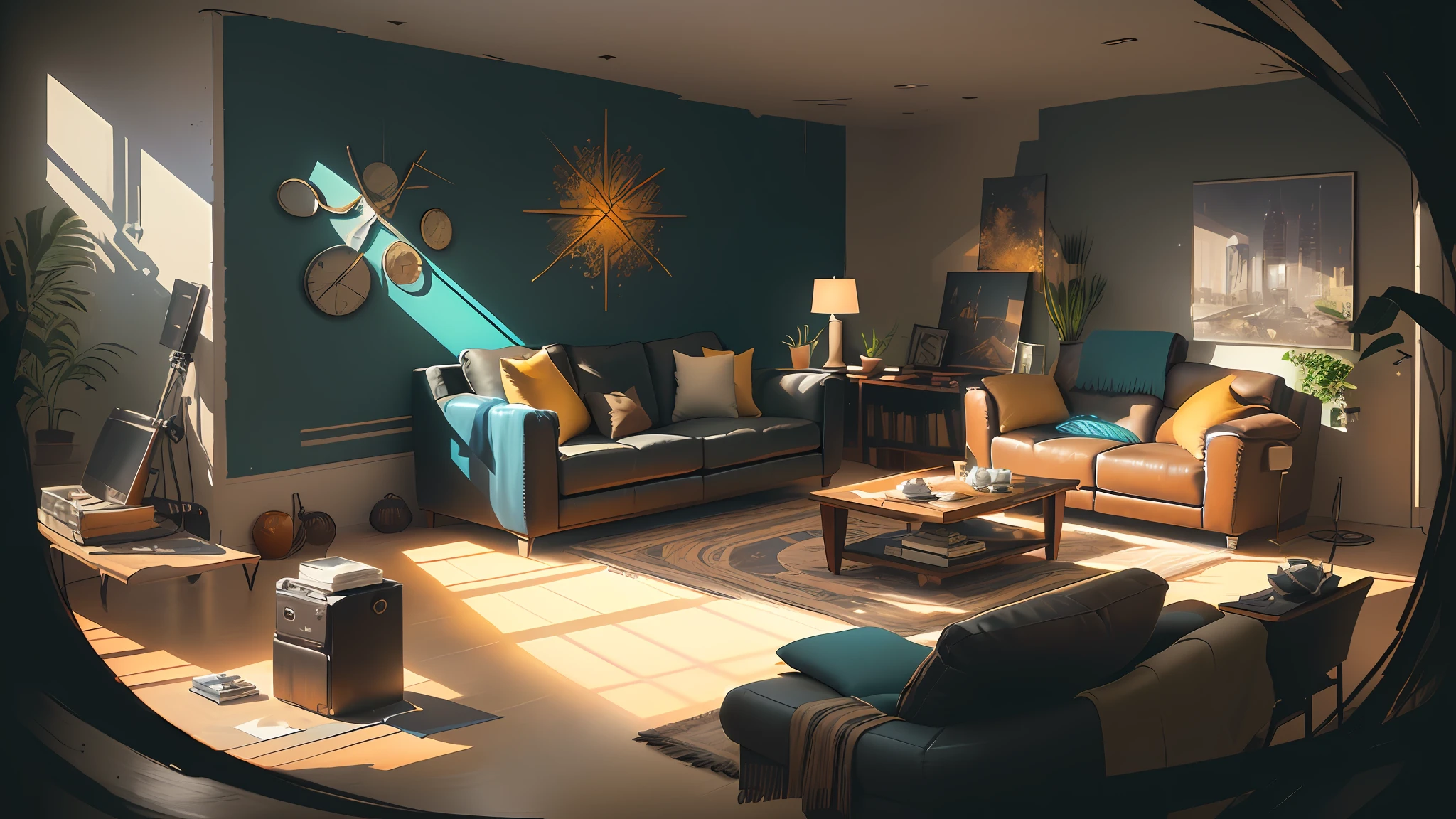 There is a drawing of a living room with a sofa and a coffee table, interior background art, lighting study, Visual development, Relaxing concept art, in style of digital illustration, illustration concept art, digital painting concept art, light study, lounge room, concept-art, Living room, nicolas bouvier sparth, concept art style, cyberpunk apartment, 2D concept art