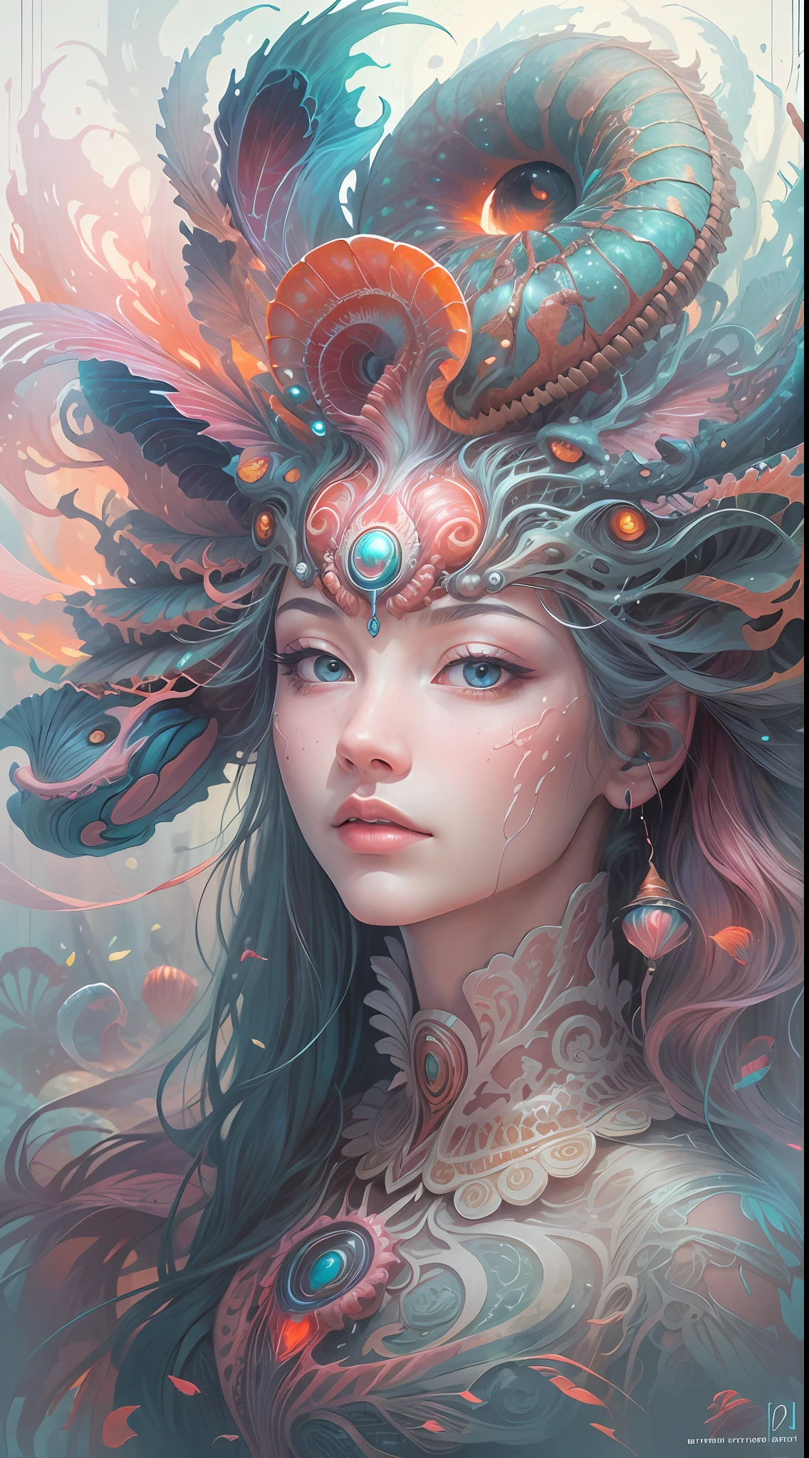 best qualtiy,tmasterpiece,超高分辨率,(photograph realistic:1.4),ultra-realistic realism,Dream-like,The beautiful goddess wears a phoenix peacock on her head, Nautilus, a betta fish,The creation of fantasy,Brain conch,Dream Conch,Biopunk Nautilus,Thrilling color scheme, ultra-realistic realism, abstracted, psychedelia,