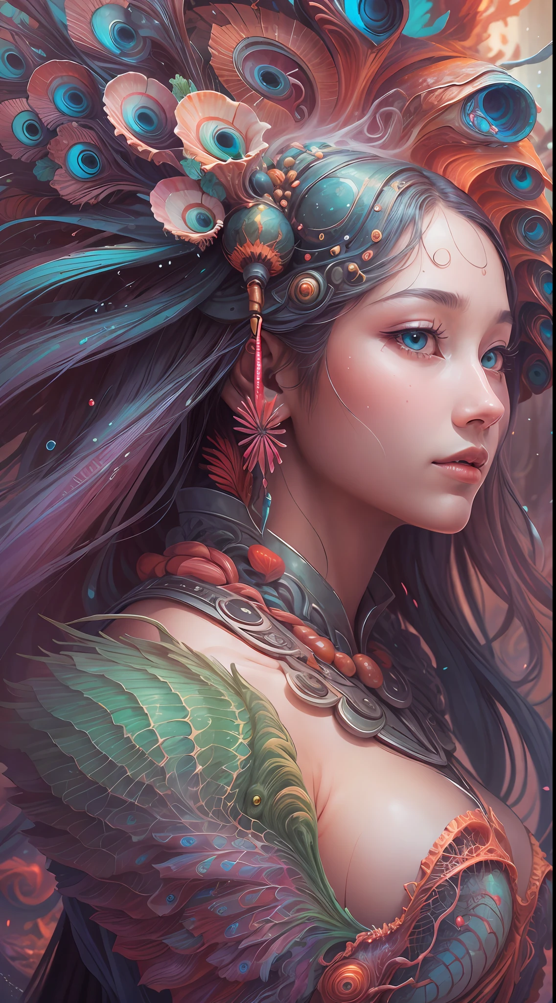best qualtiy,tmasterpiece,超高分辨率,(photograph realistic:1.4),ultra-realistic realism,Dream-like,The beautiful goddess wears a phoenix peacock on her head, Nautilus, a betta fish,The creation of fantasy,Brain conch,Dream Conch,Biopunk Nautilus,Thrilling color scheme, ultra-realistic realism, abstracted, psychedelia,