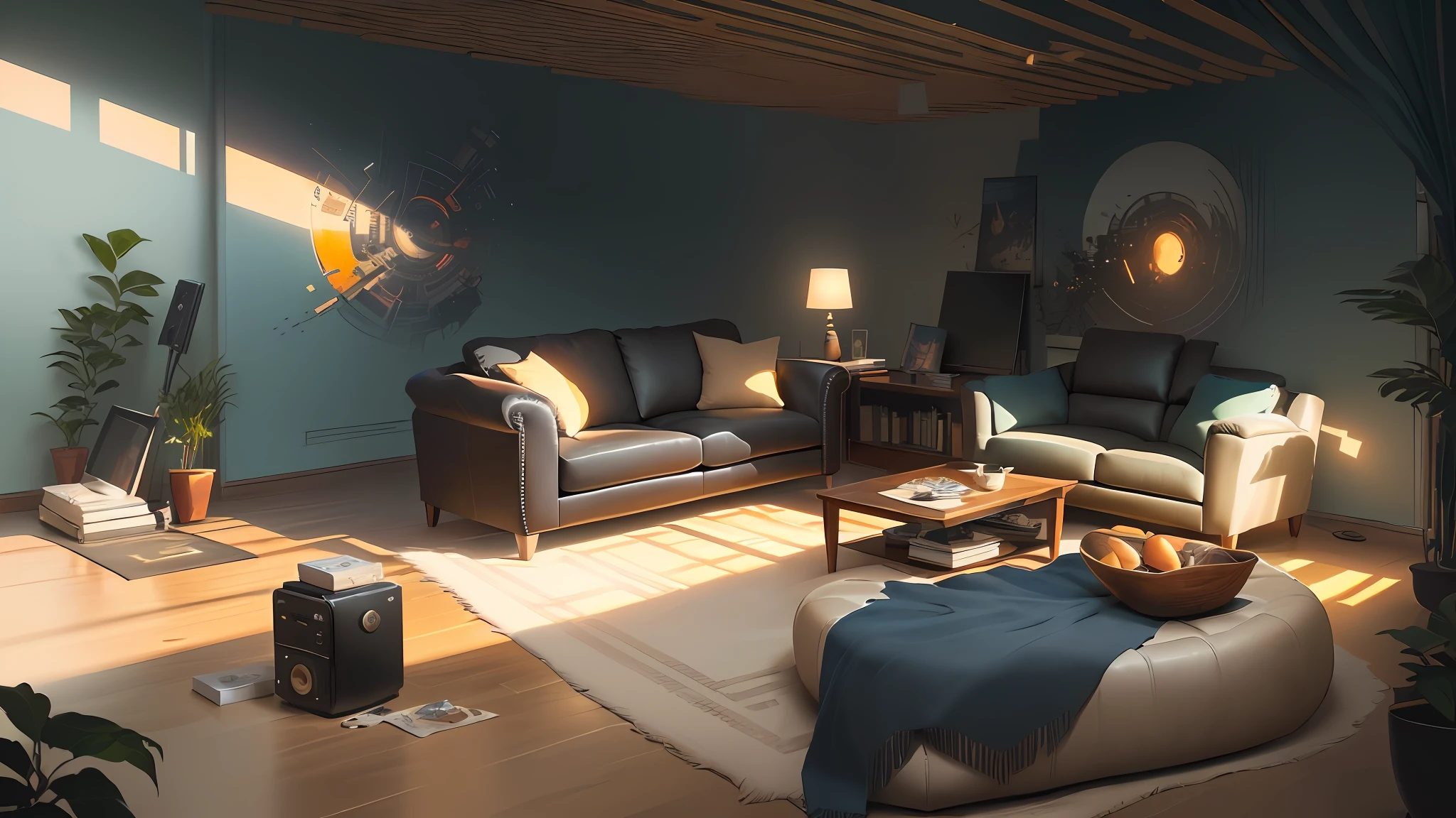 There is a drawing of a living room with a sofa and a coffee table, interior background art, lighting study, Visual development, Relaxing concept art, in style of digital illustration, illustration concept art, digital painting concept art, light study, lounge room, concept-art, Living room, nicolas bouvier sparth, concept art style, cyberpunk apartment, 2D concept art